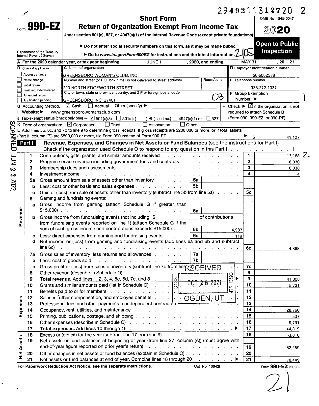 Image of first page of 2020 Form 990EZ for Greensboro Womans Club