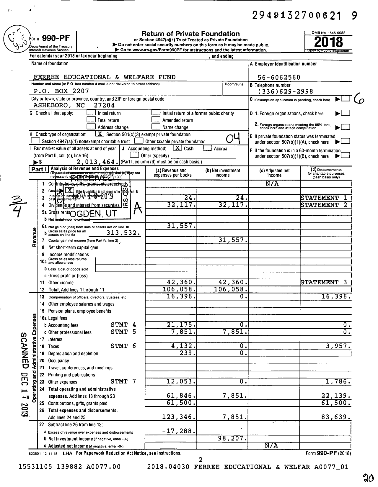 Image of first page of 2018 Form 990PF for Ferree Educational and Welfare Fund