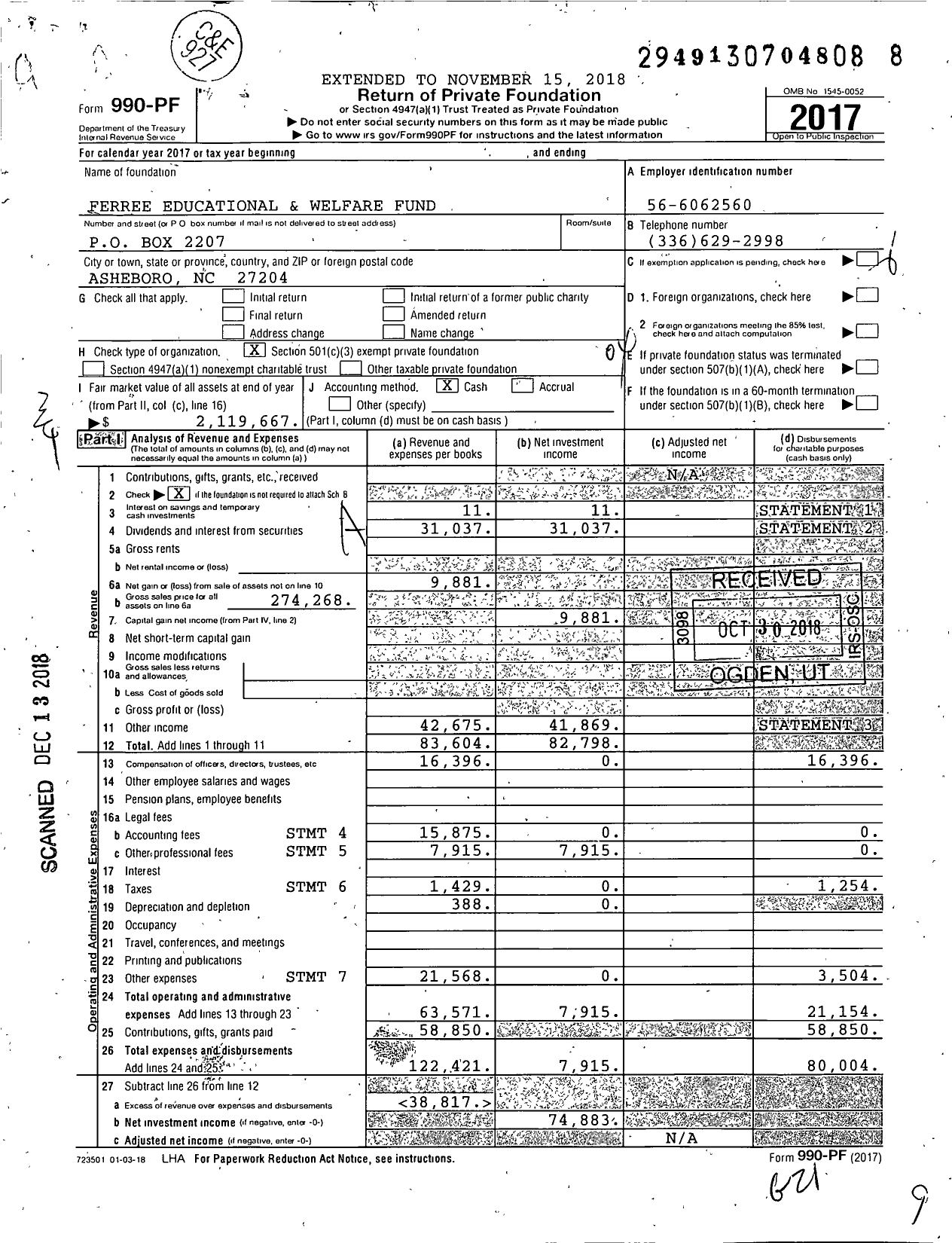 Image of first page of 2017 Form 990PF for Ferree Educational and Welfare Fund