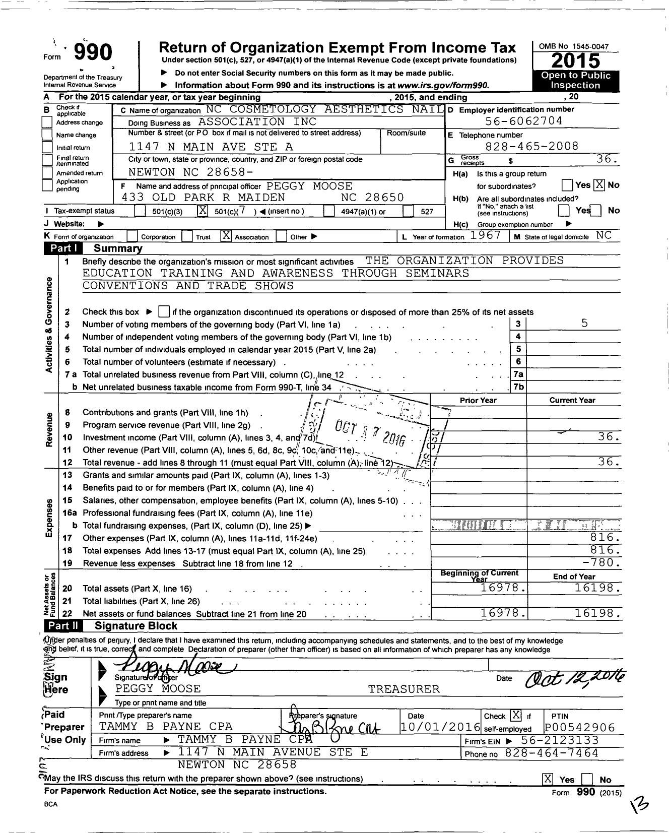 Image of first page of 2015 Form 990O for National Cosmetology Association of North Carolina