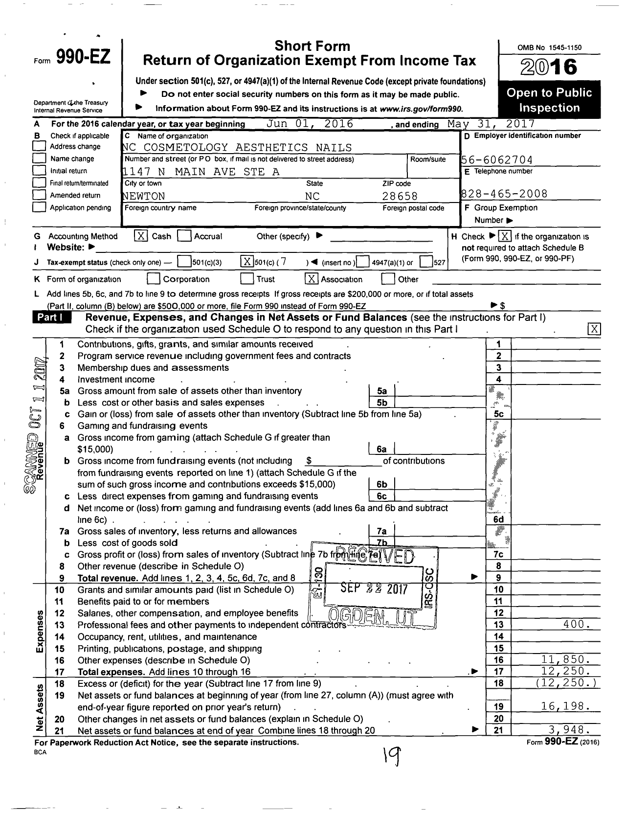 Image of first page of 2016 Form 990EO for National Cosmetology Association of North Carolina