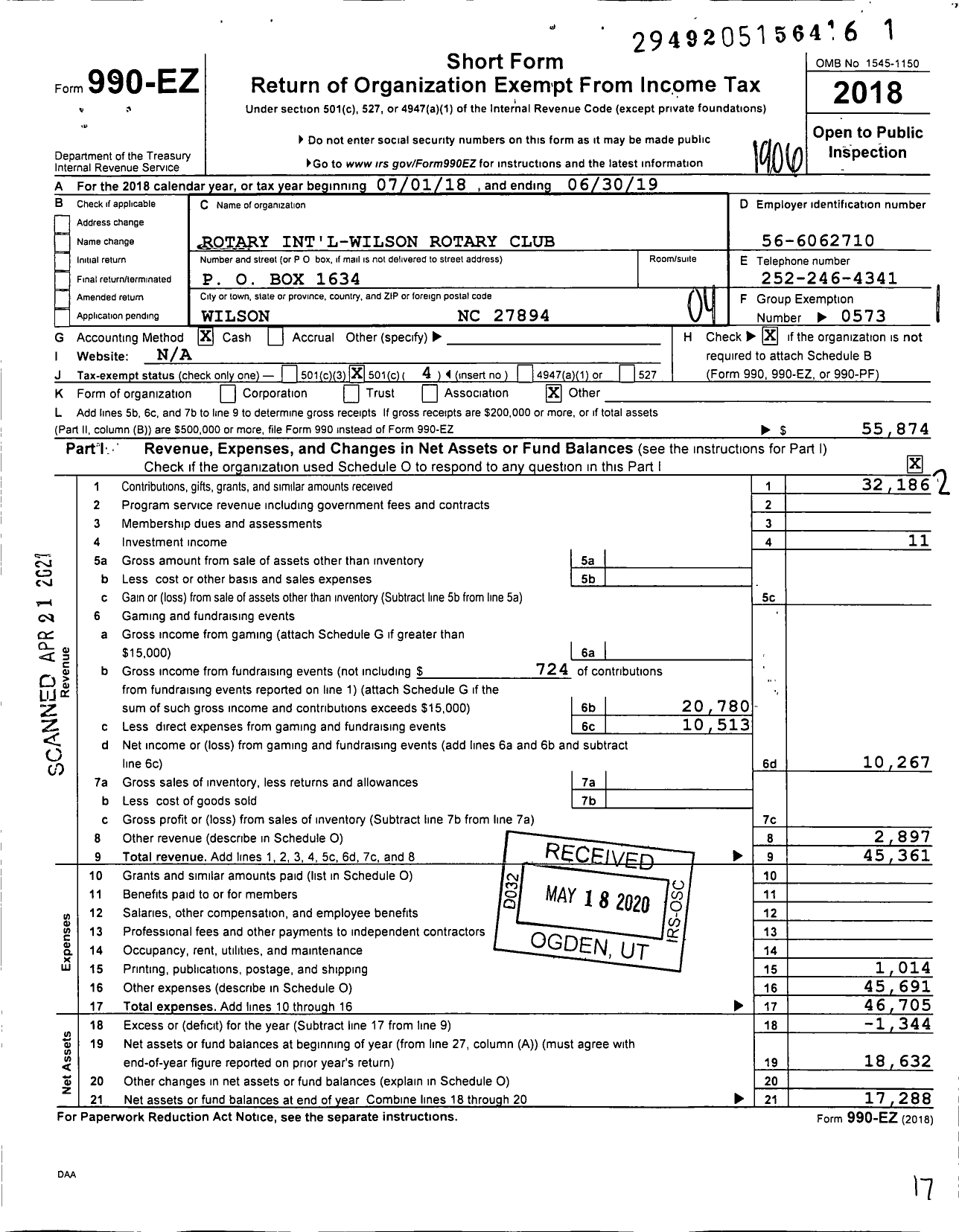 Image of first page of 2018 Form 990EO for Rotary International - Wilson Rotary Club