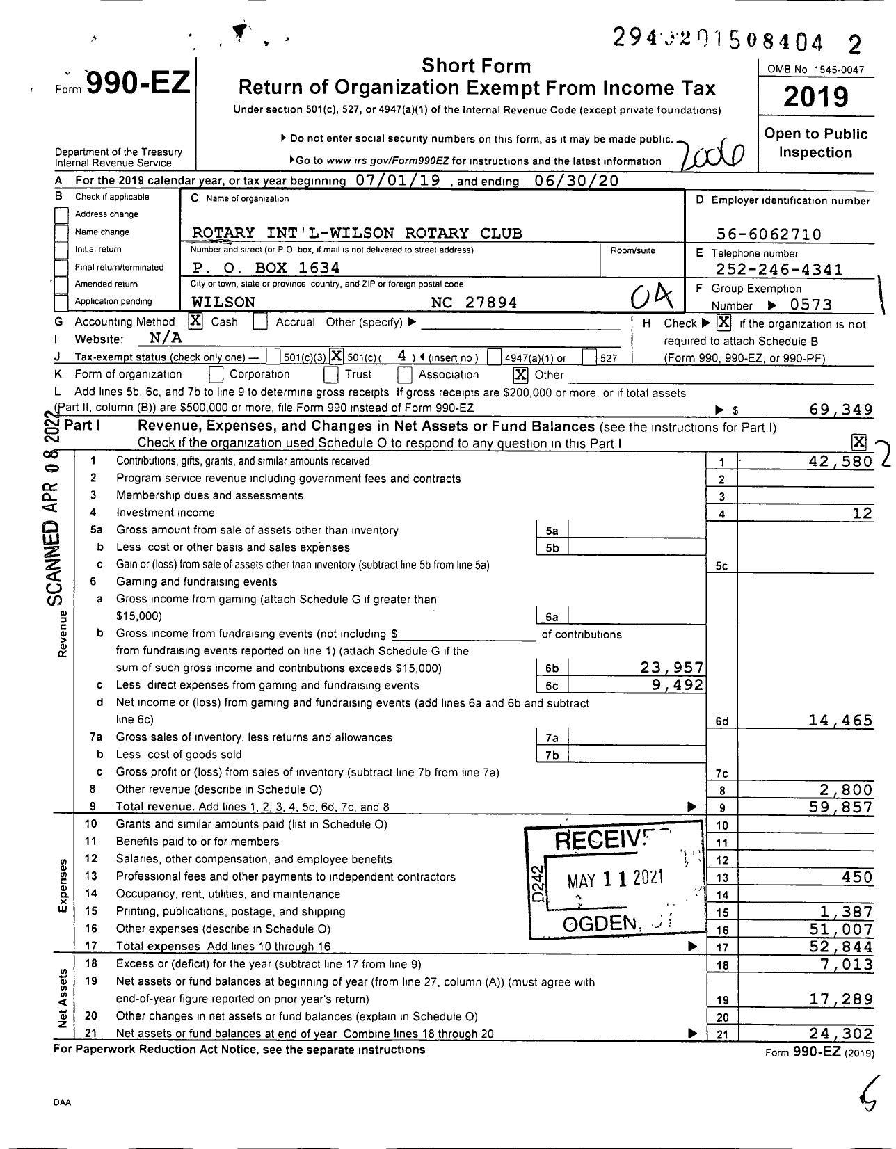 Image of first page of 2019 Form 990EO for Rotary International - Wilson Rotary Club