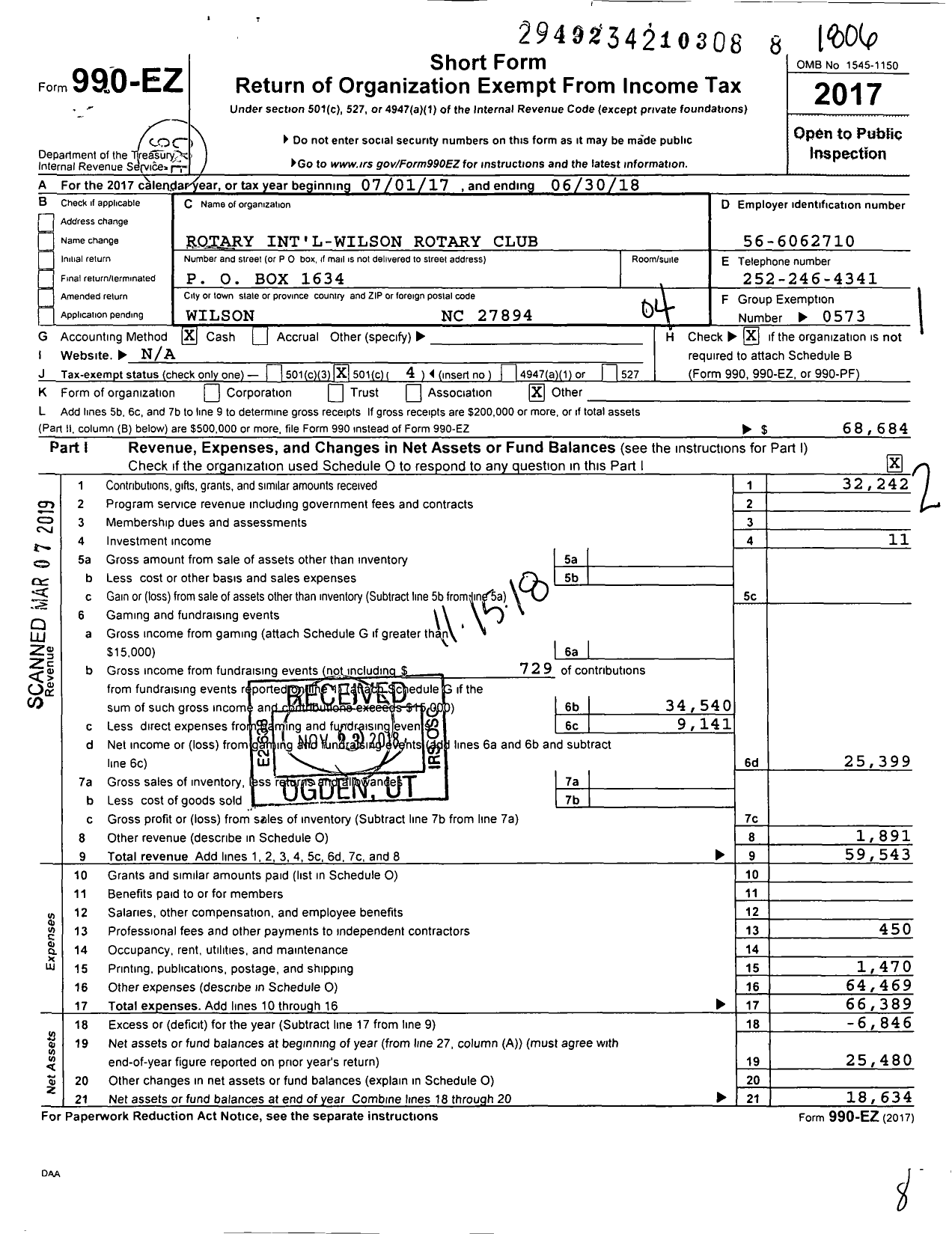 Image of first page of 2017 Form 990EO for Rotary International - Wilson Rotary Club