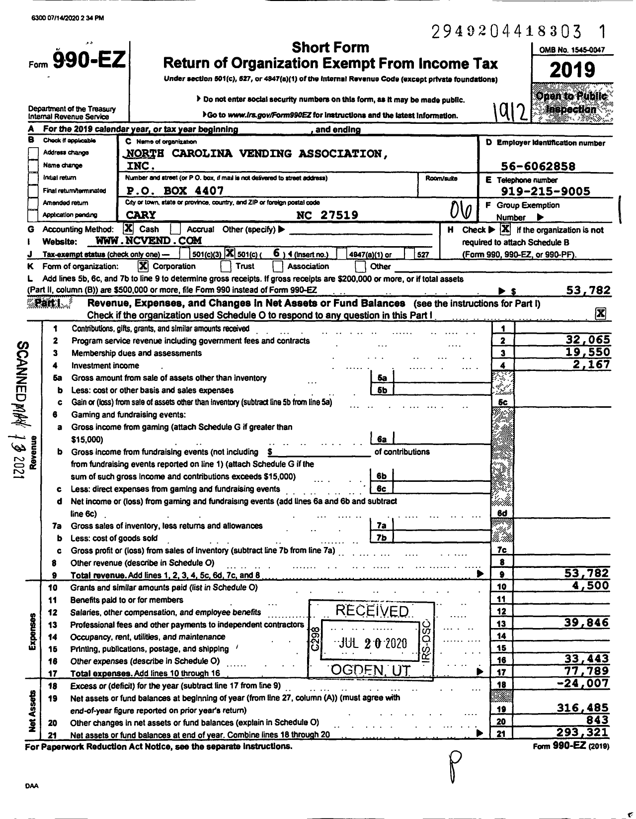 Image of first page of 2019 Form 990EO for North Carolina Vending Association