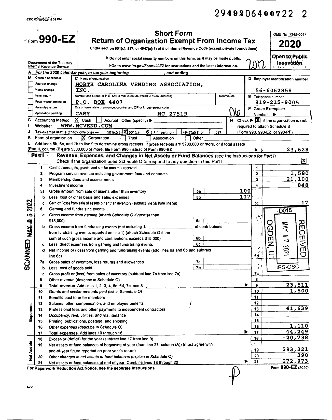 Image of first page of 2020 Form 990EO for North Carolina Vending Association