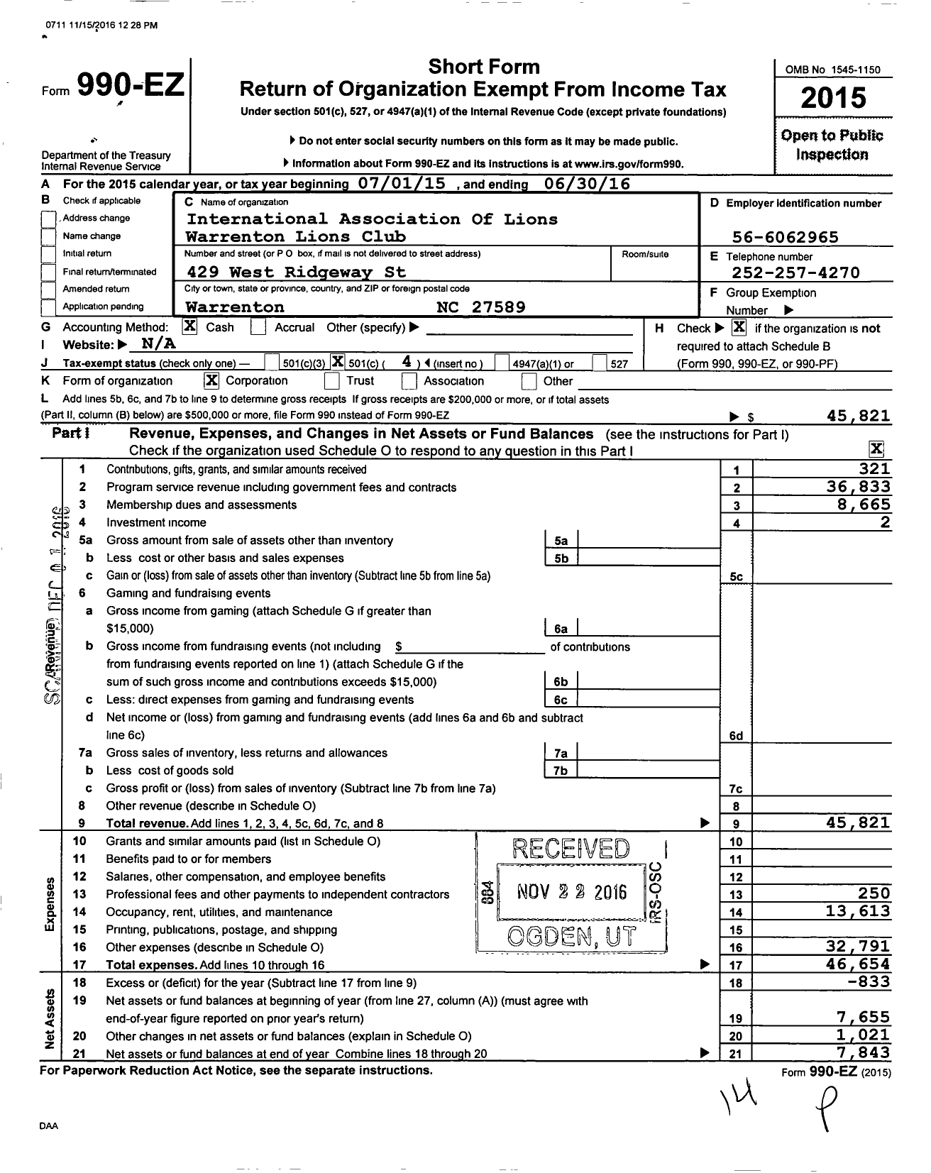 Image of first page of 2015 Form 990EO for Lions Clubs - 11653 Warrenton