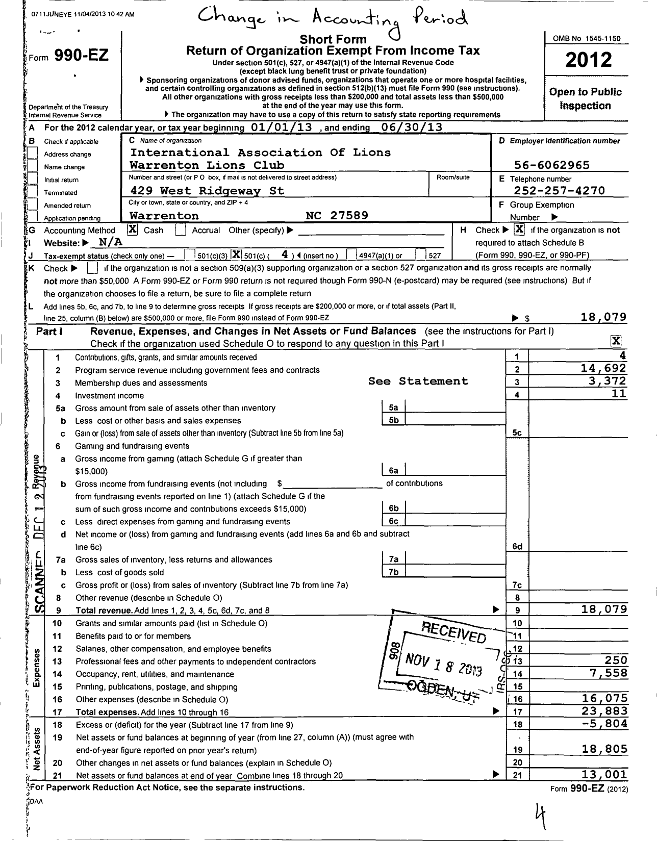 Image of first page of 2012 Form 990EO for Lions Clubs - 11653 Warrenton