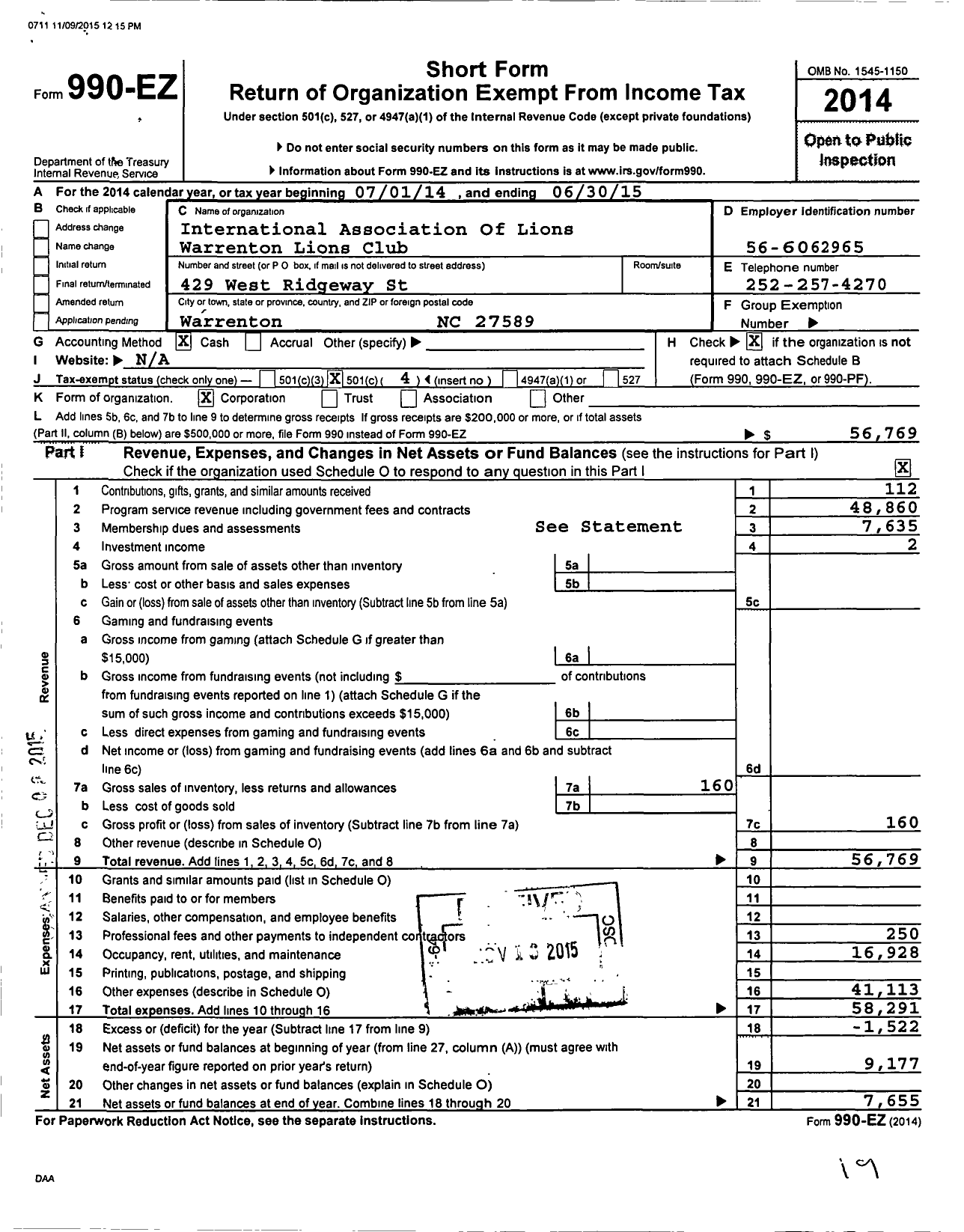 Image of first page of 2014 Form 990EO for Lions Clubs - 11653 Warrenton