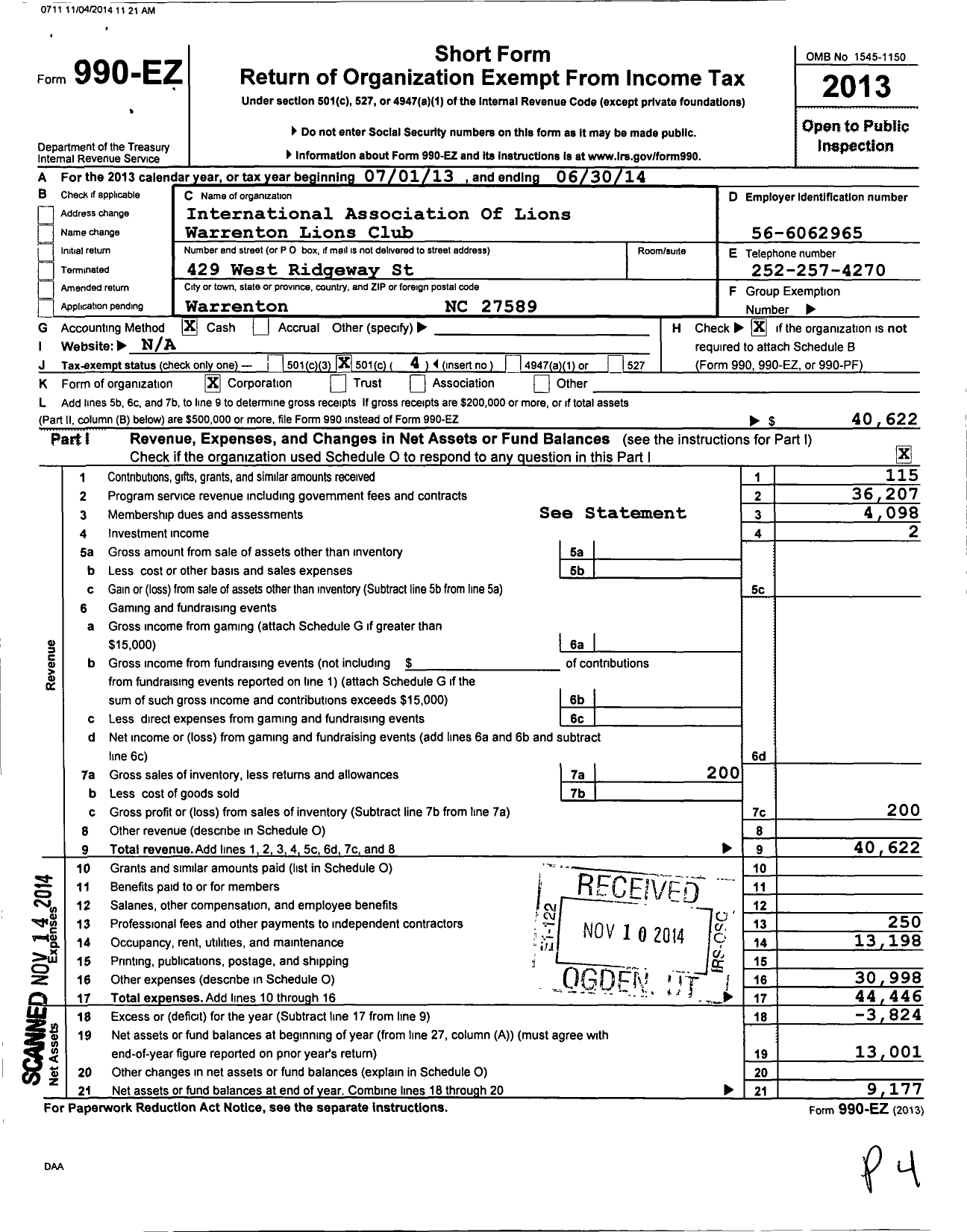 Image of first page of 2013 Form 990EO for Lions Clubs - 11653 Warrenton