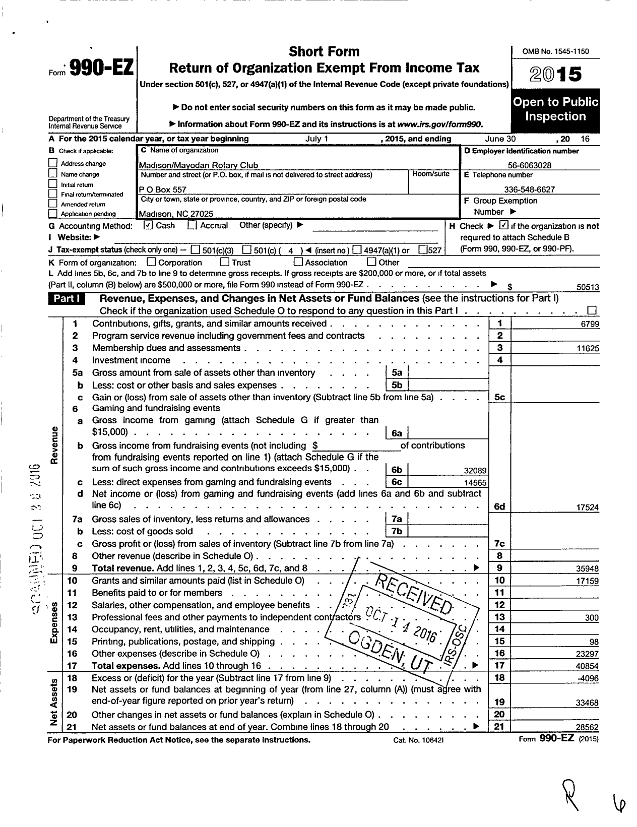 Image of first page of 2015 Form 990EO for Rotary International - Madison Mayodan Rotary