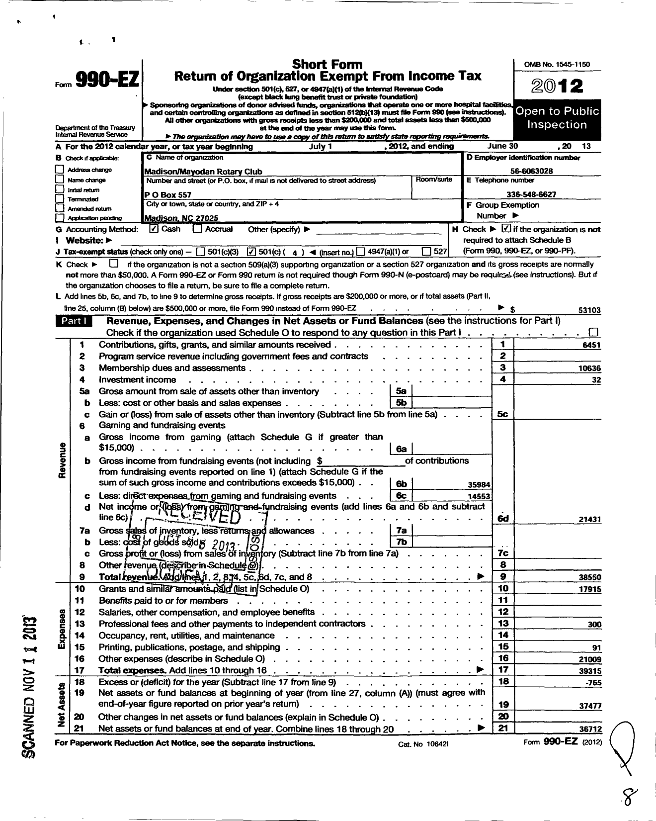 Image of first page of 2012 Form 990EO for Rotary International - Madison Mayodan Rotary