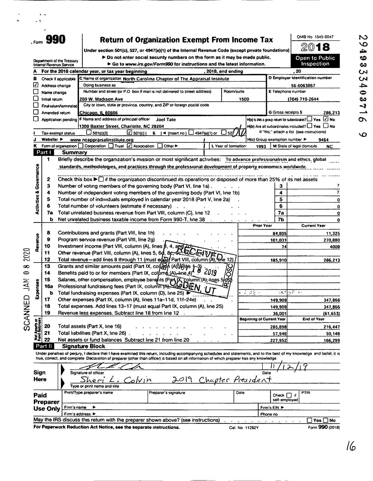 Image of first page of 2018 Form 990O for North Carolina Chapter of the Appraisal Institute