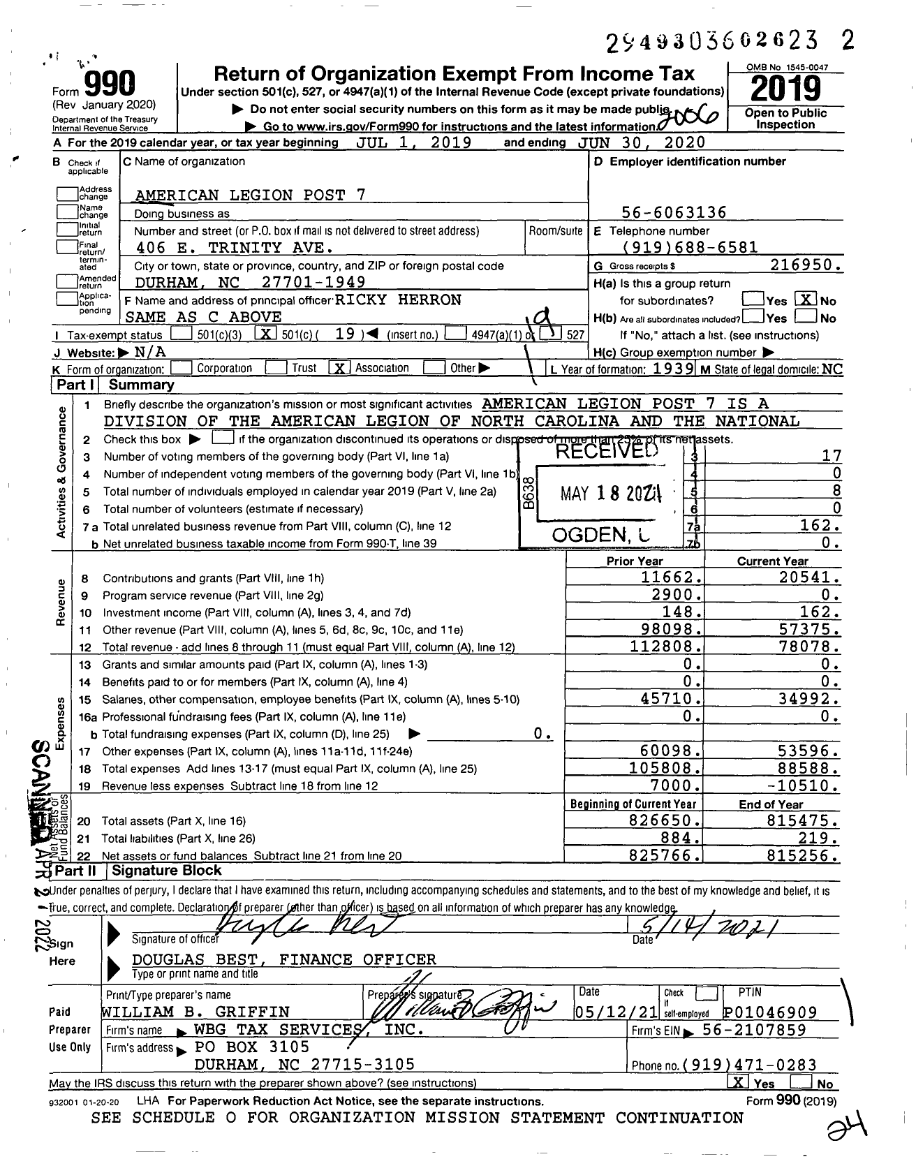 Image of first page of 2019 Form 990O for American Legion - 0007 Durham