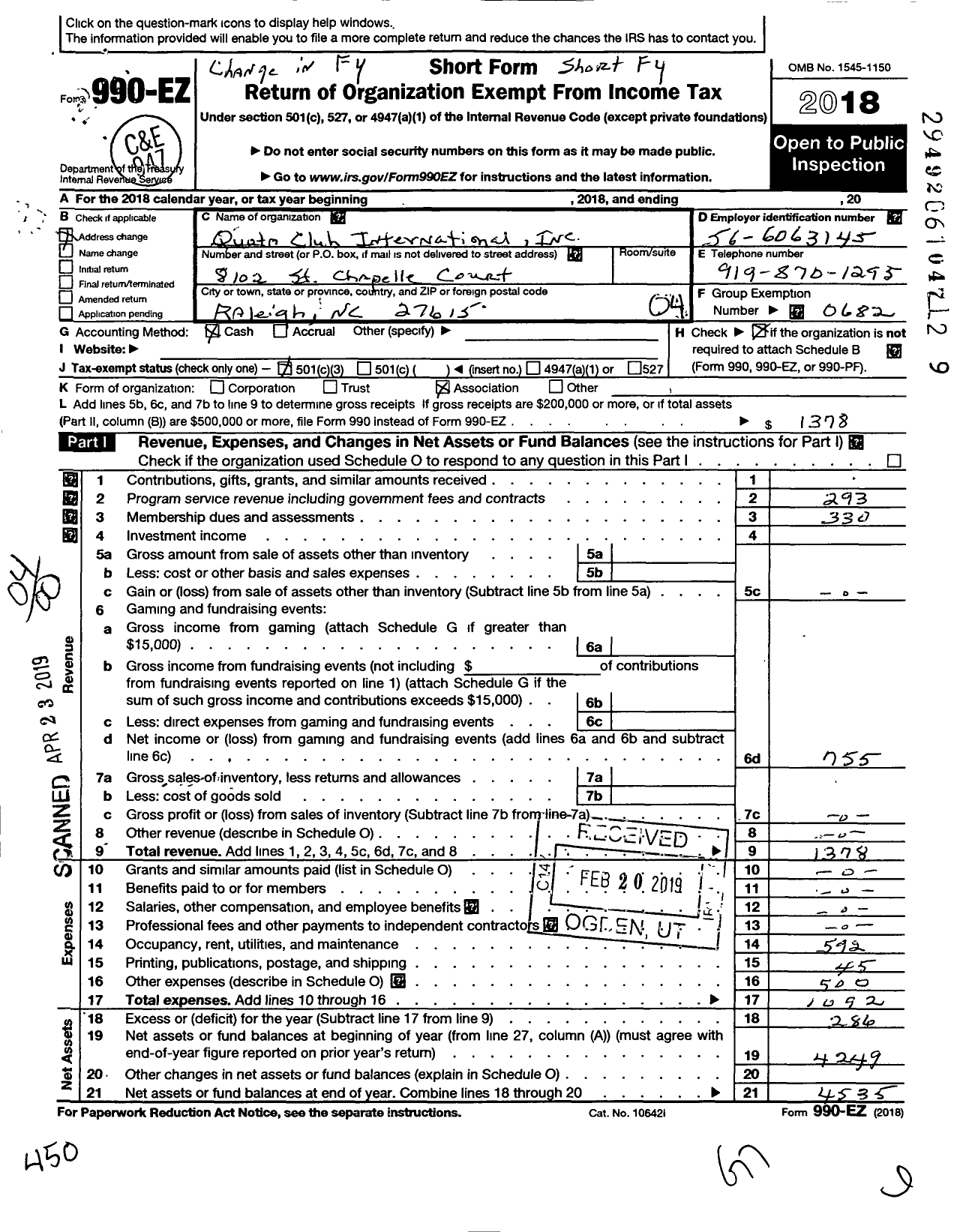 Image of first page of 2018 Form 990EO for Quota Club International / Raleigh