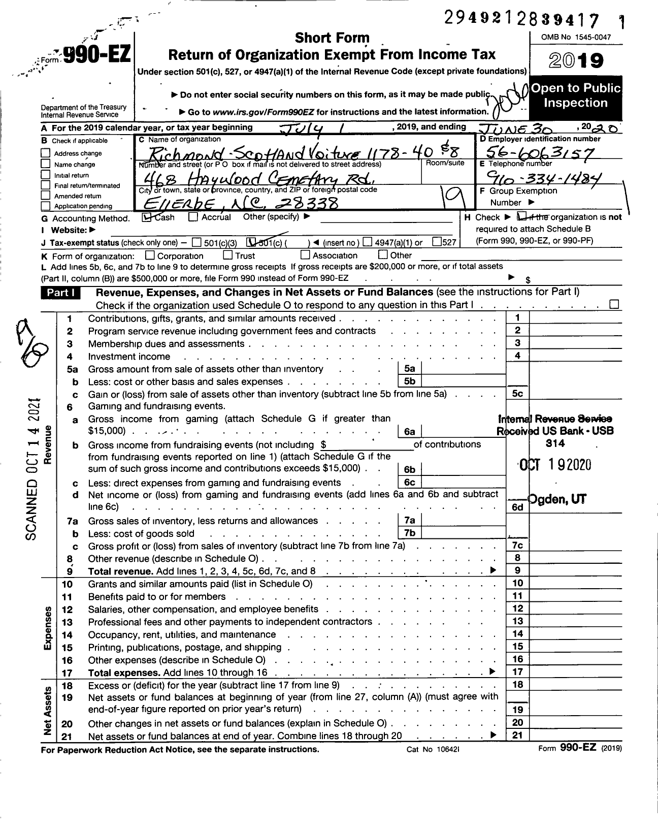 Image of first page of 2019 Form 990EO for The Forty and Eight - 1178 Voiture Locale