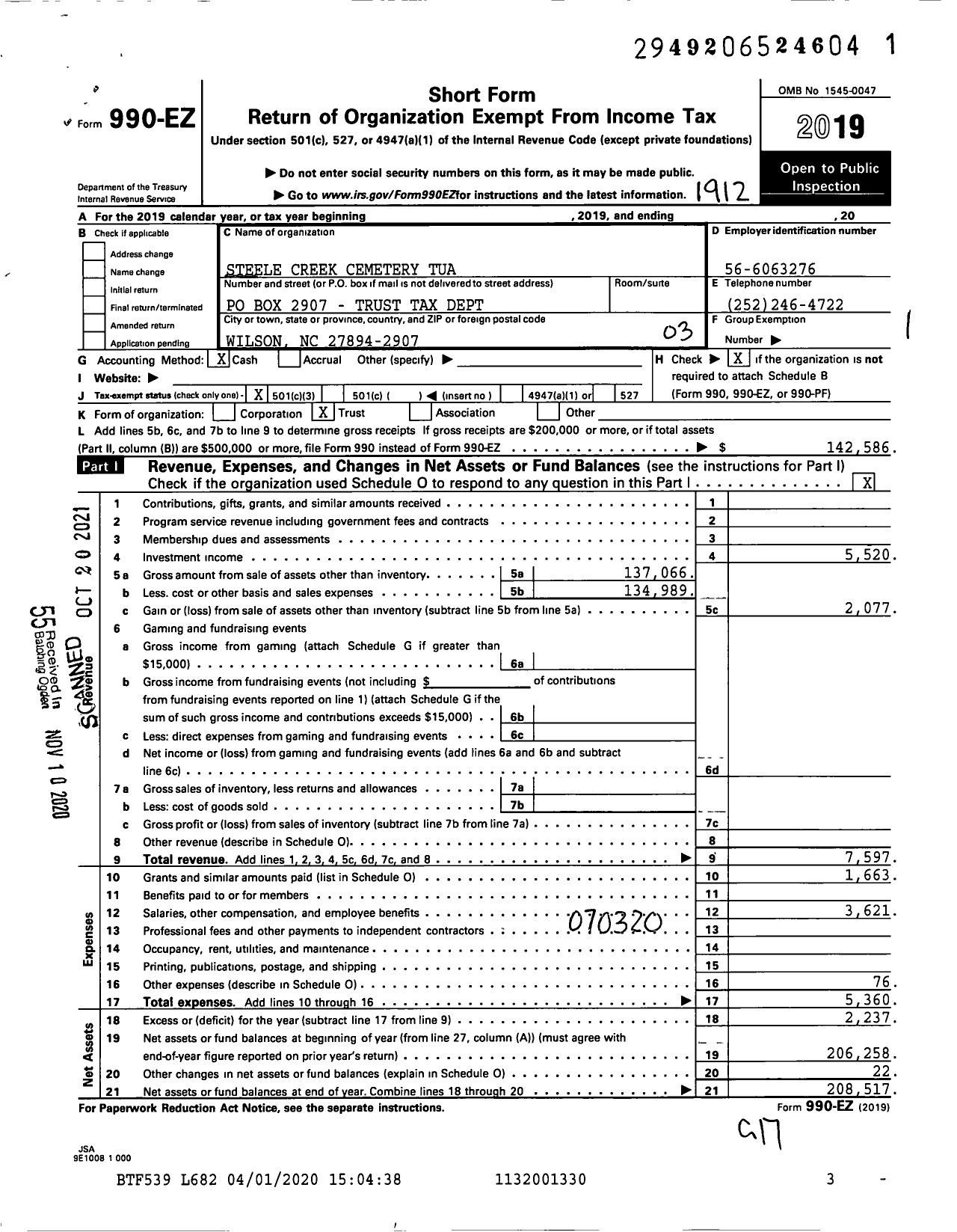 Image of first page of 2019 Form 990EZ for Steele Creek Cemetery Tua