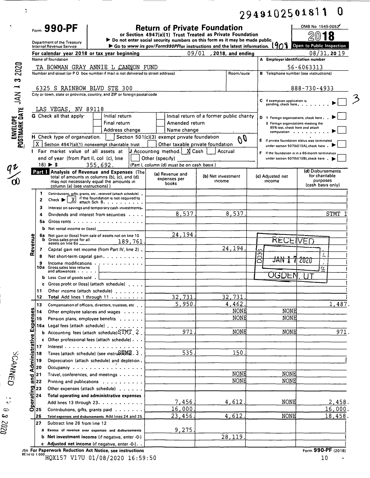 Image of first page of 2018 Form 990PR for Ta Bowman Gray Annie L Cannon Fund