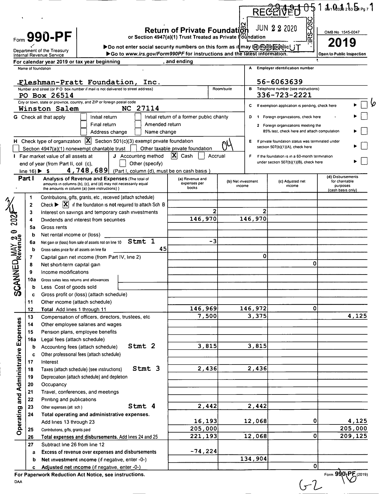 Image of first page of 2019 Form 990PF for Fleshman-Pratt Foundation