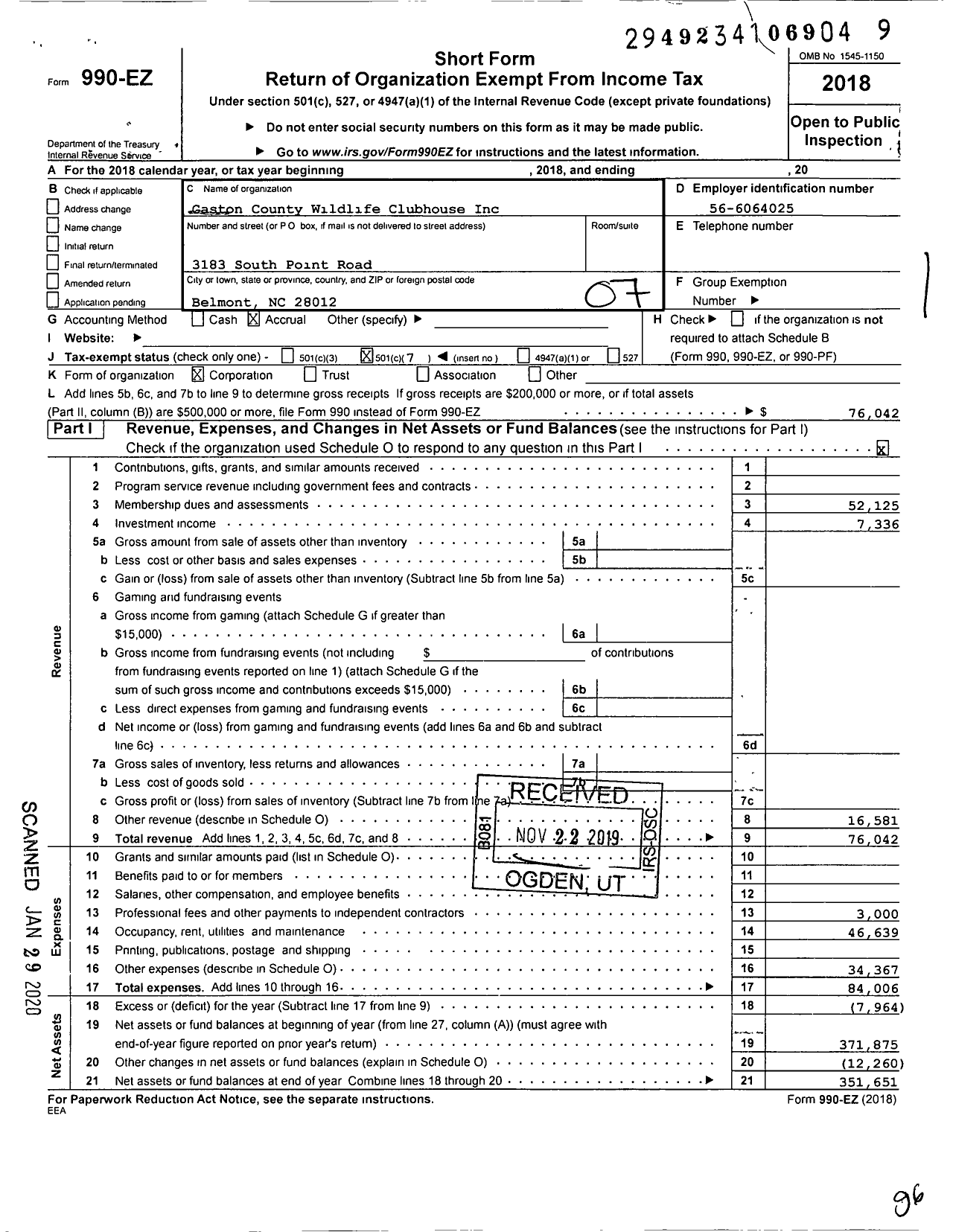 Image of first page of 2018 Form 990EO for Gaston County Wildlife Clubhouse