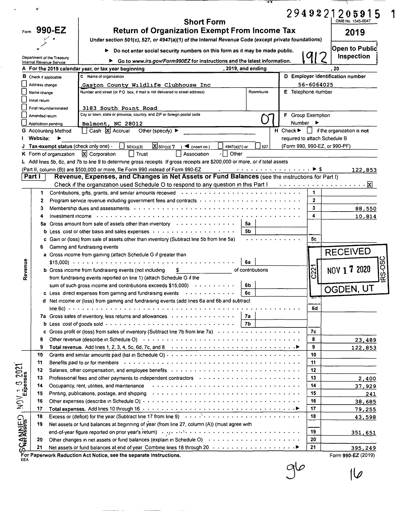 Image of first page of 2019 Form 990EO for Gaston County Wildlife Clubhouse