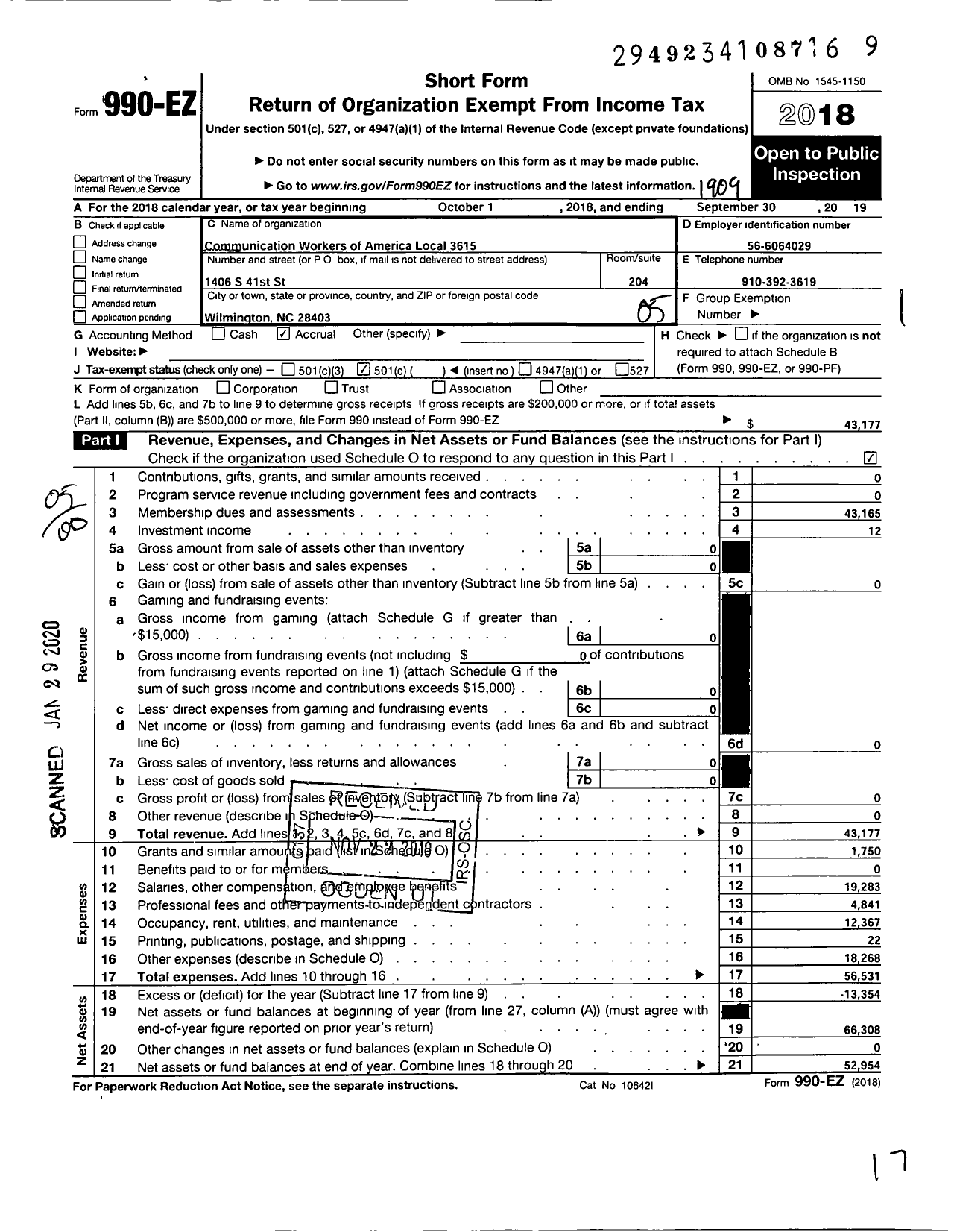 Image of first page of 2018 Form 990EO for Communications Workers of America - 3615 Local