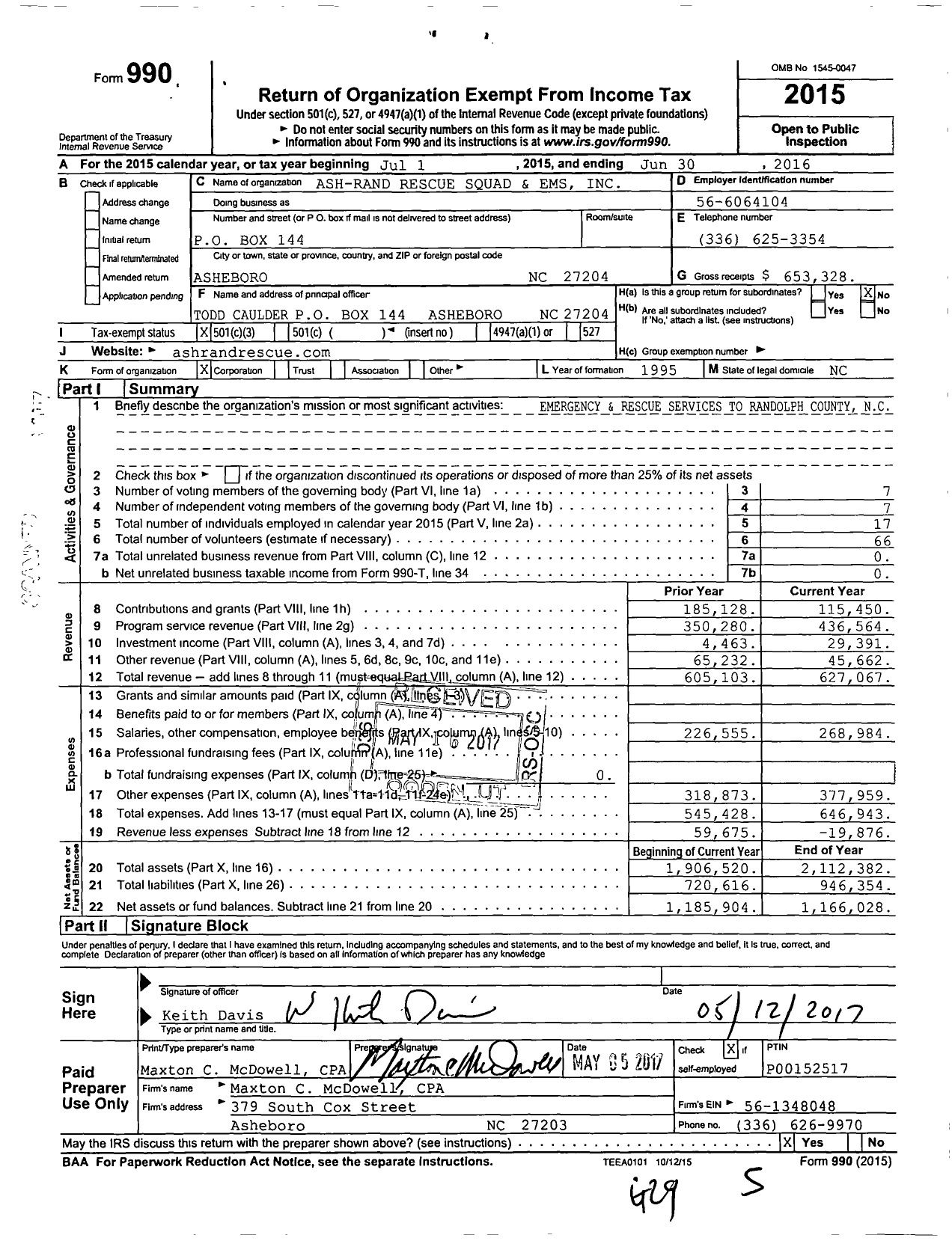 Image of first page of 2015 Form 990 for Ash-Rand Rescue Squad and Ems