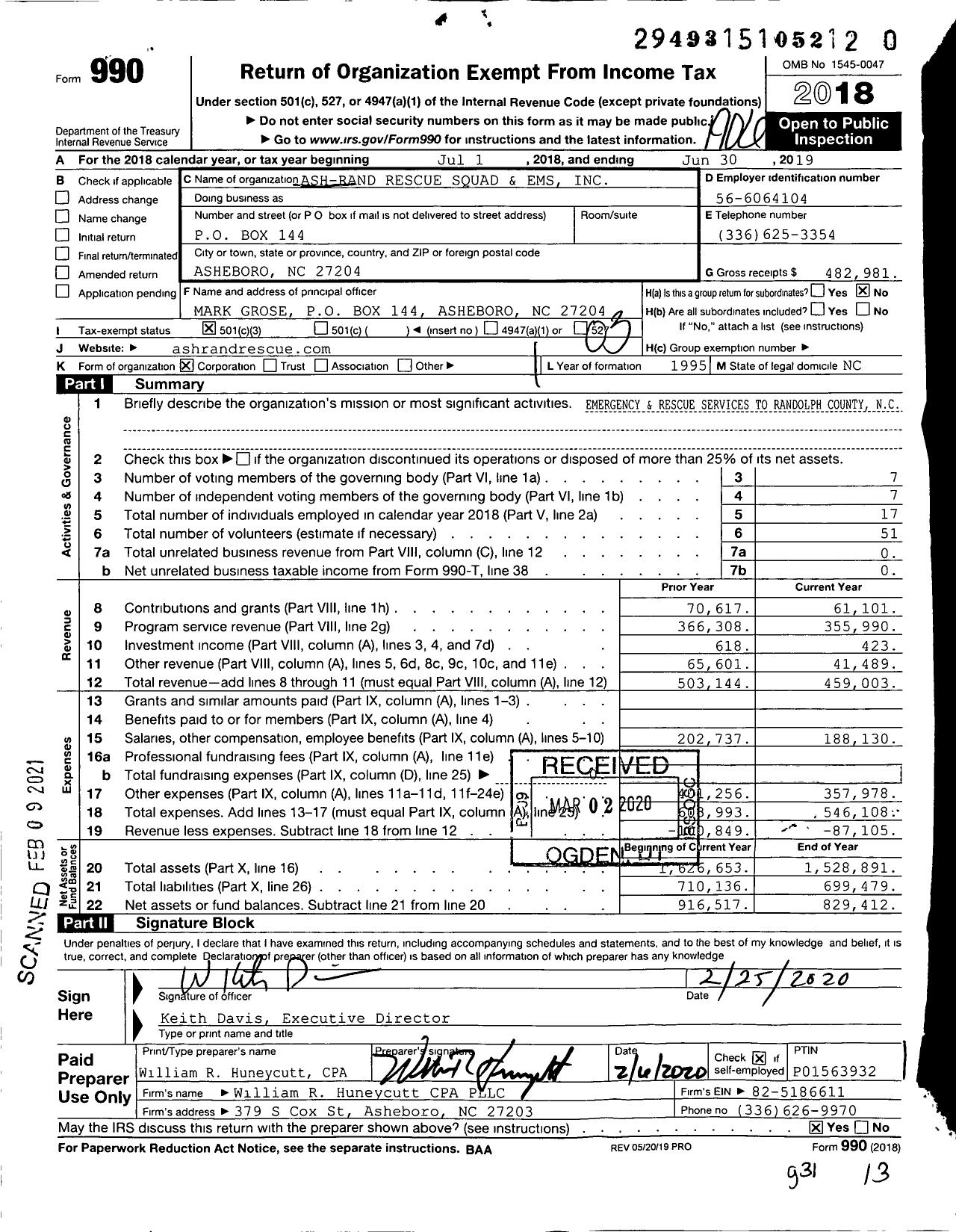 Image of first page of 2018 Form 990 for Ash-Rand Rescue Squad and Ems