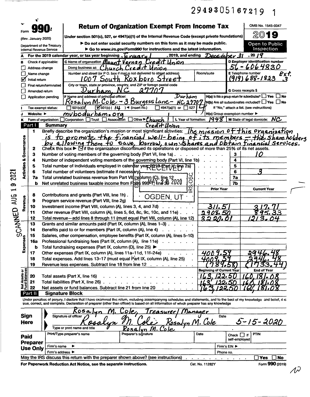 Image of first page of 2019 Form 990O for Mount Vernon Credit Union