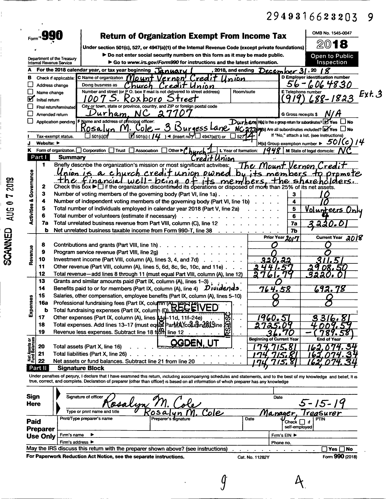 Image of first page of 2018 Form 990O for Mount Vernon Credit Union