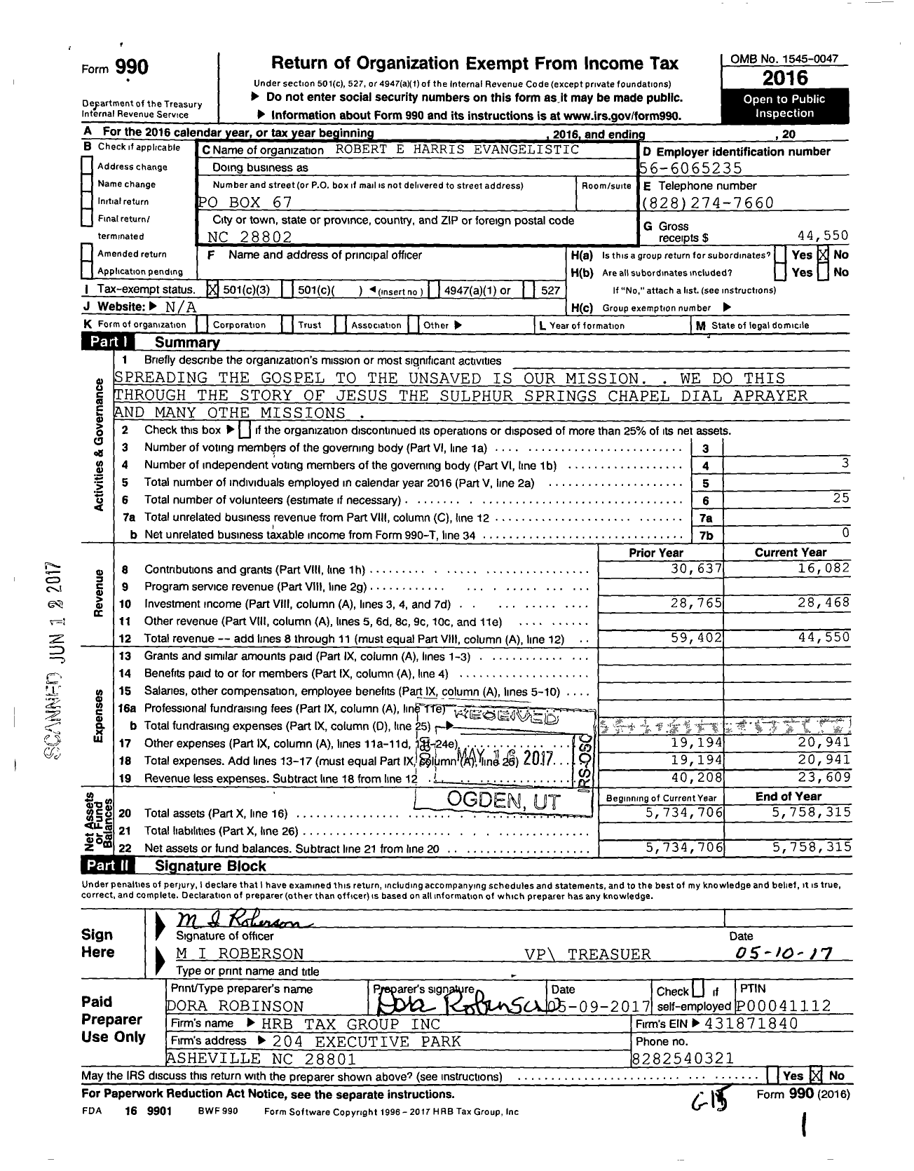 Image of first page of 2016 Form 990 for Robert E Harris Evangelistic Association