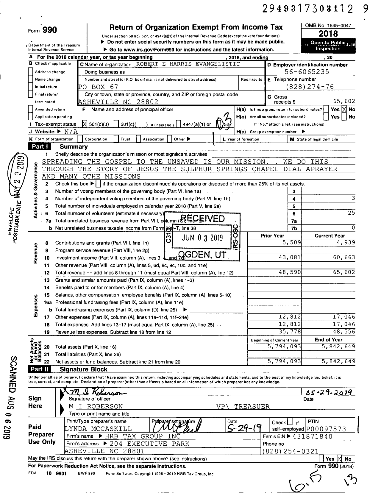 Image of first page of 2018 Form 990 for Robert E Harris Evangelistic Association