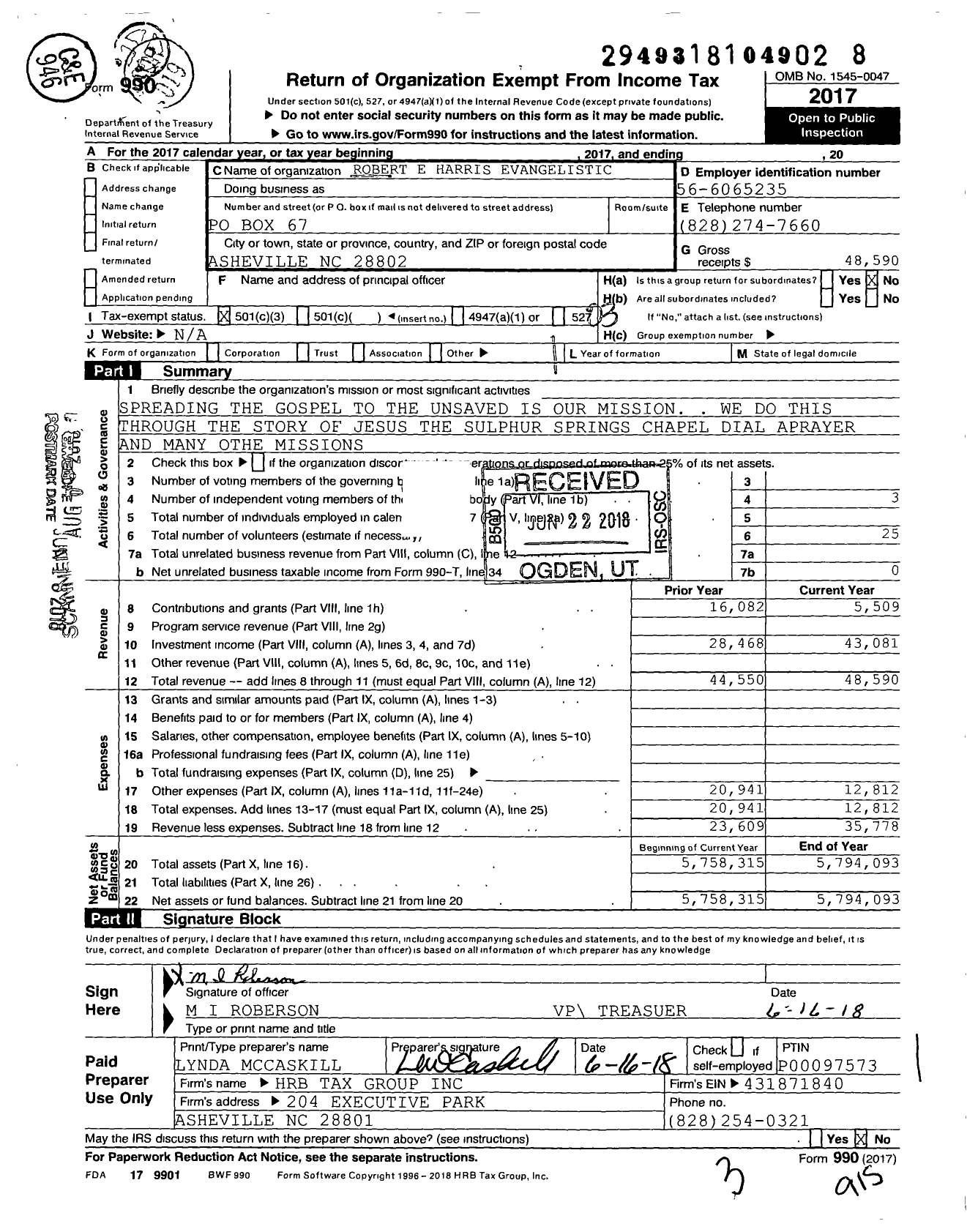 Image of first page of 2017 Form 990 for Robert E Harris Evangelistic Association