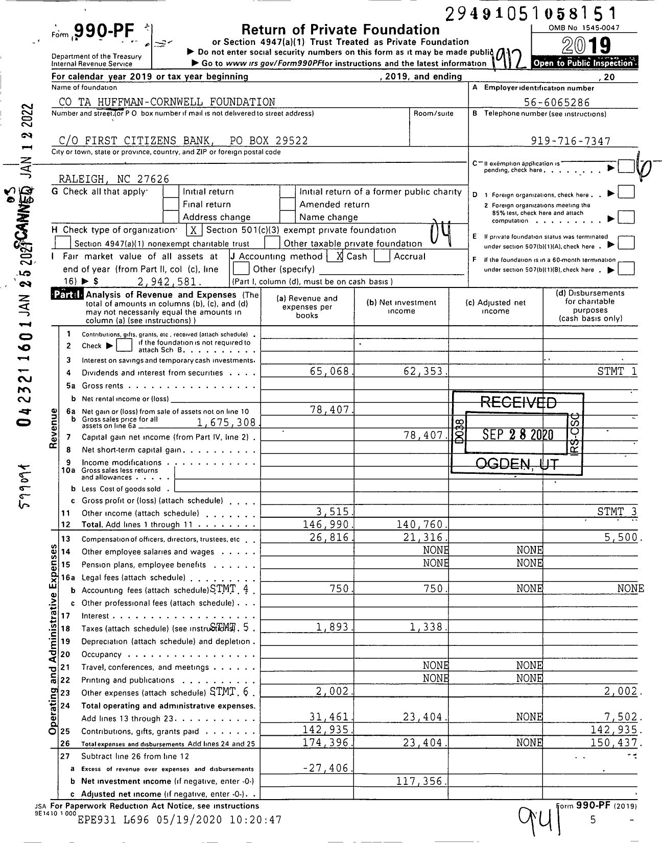 Image of first page of 2019 Form 990PF for Co Ta Huffman-Cornwell Foundation