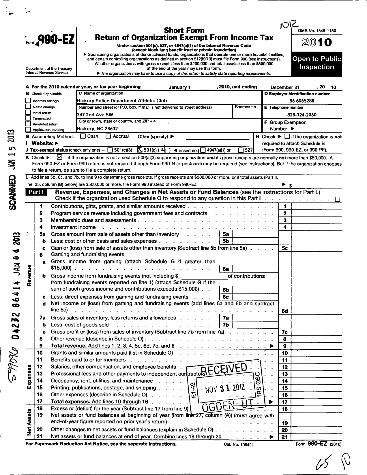 Image of first page of 2010 Form 990EO for Hickory Police Athletic Club