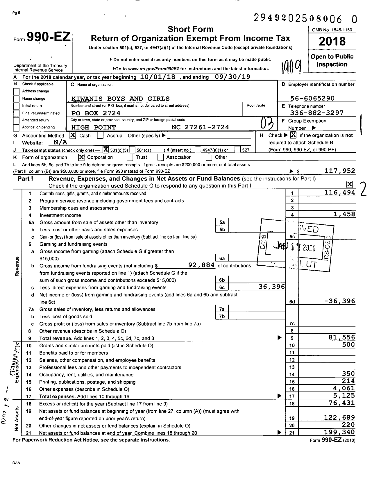 Image of first page of 2018 Form 990EZ for Kiwanis Boys and Girls