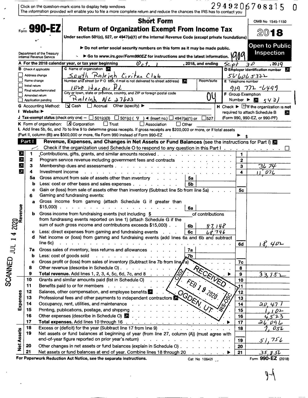 Image of first page of 2018 Form 990EO for South Raleigh Civitan Club