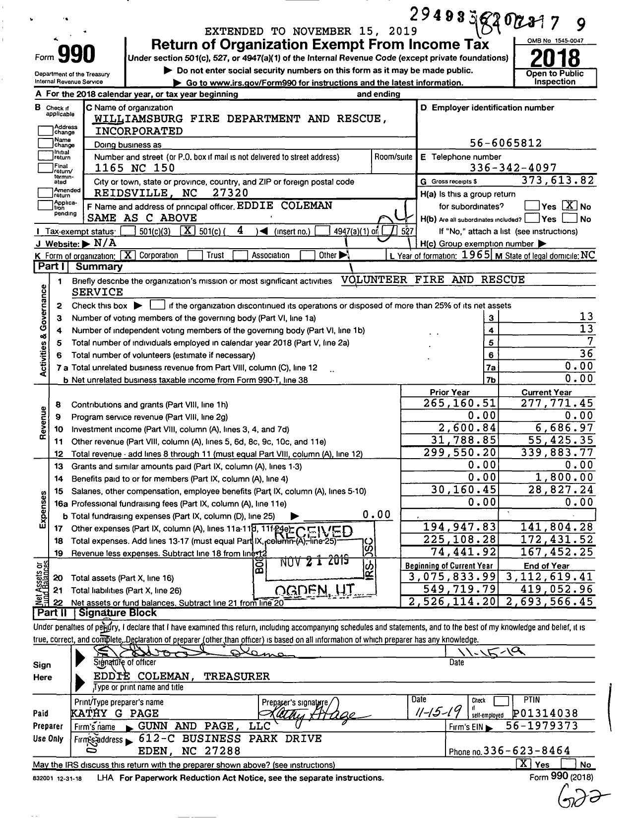 Image of first page of 2018 Form 990O for Williamsburg Fire Department and Rescue Incorporated