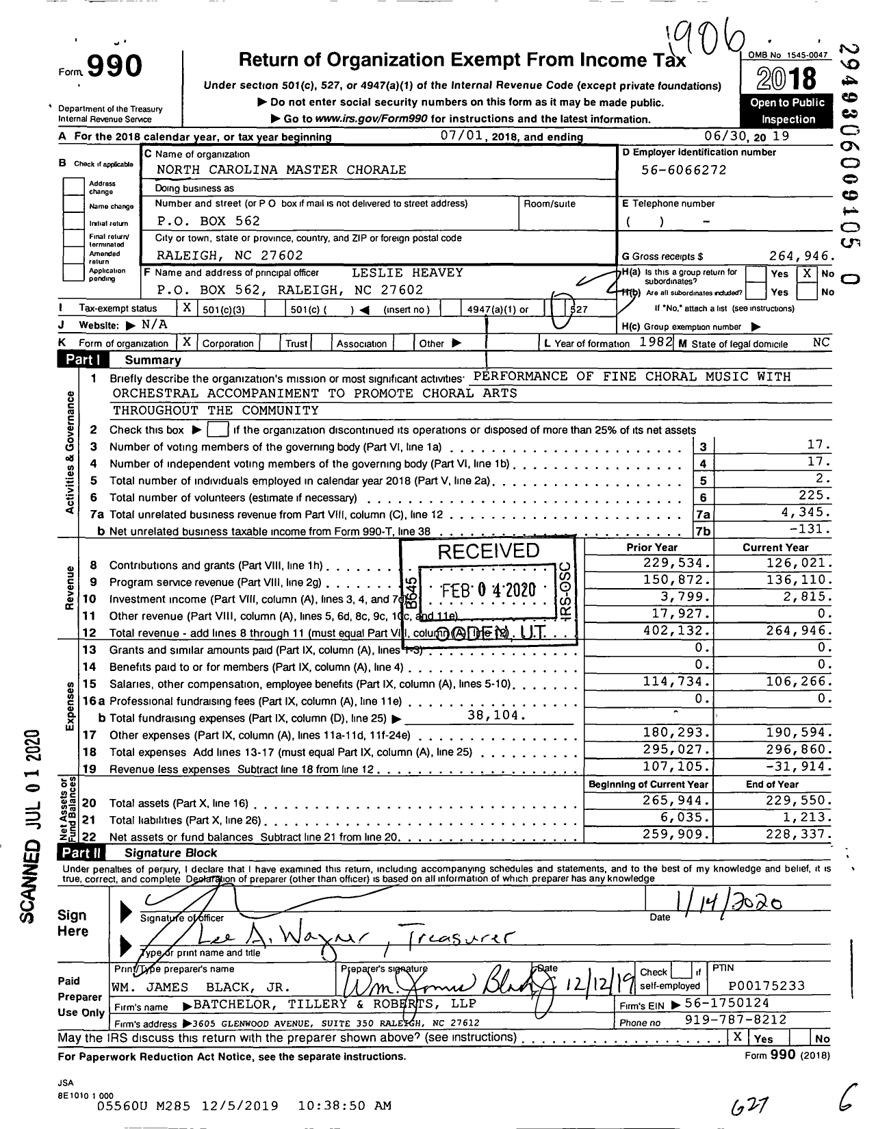 Image of first page of 2018 Form 990 for North Carolina Master Chorale