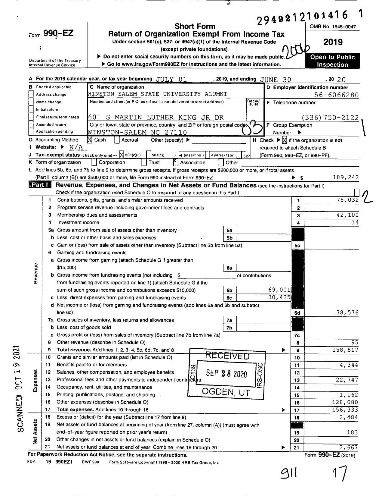 Image of first page of 2019 Form 990EZ for Winston- Salem State University National Alumni Association (WSSUNAA)