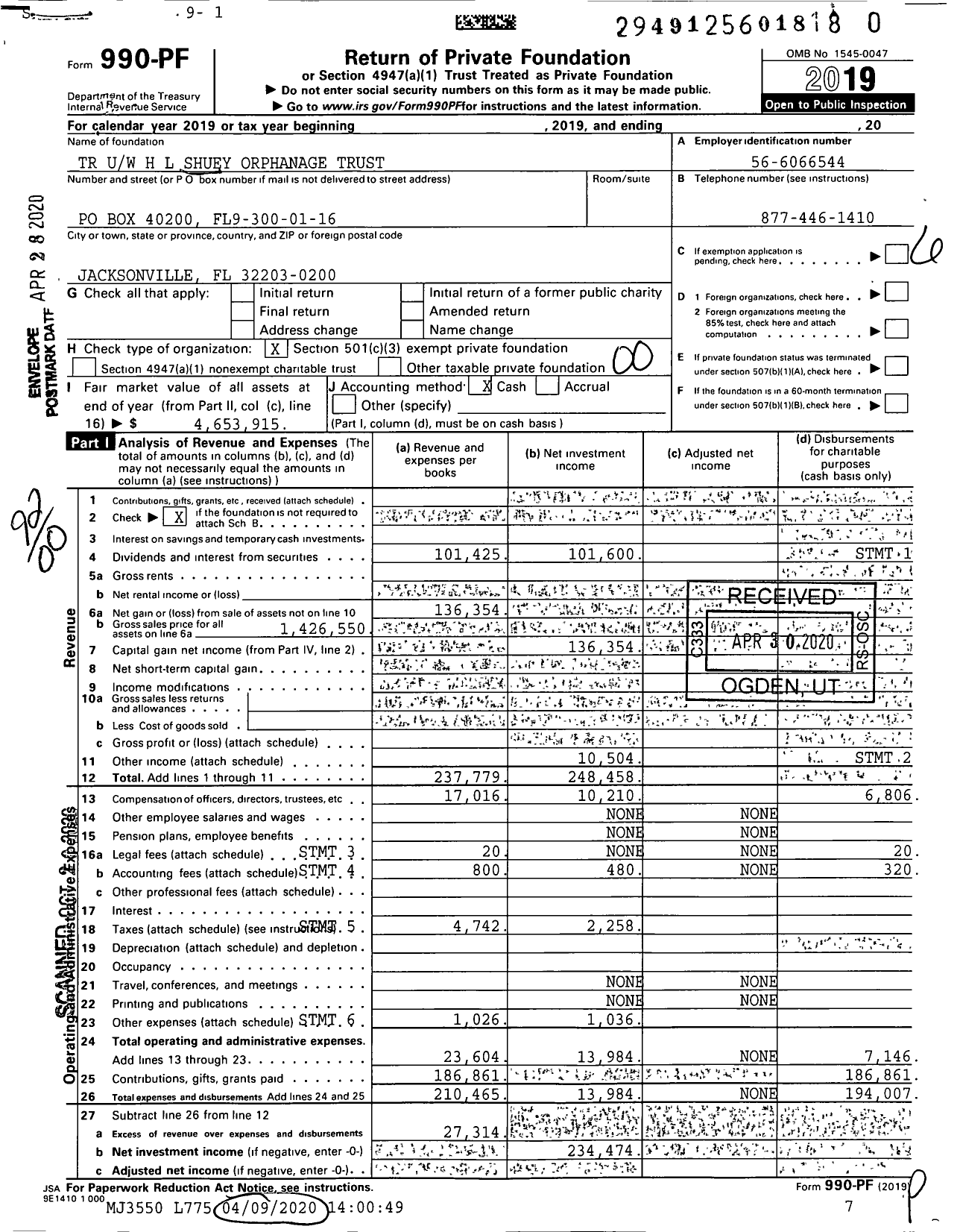 Image of first page of 2019 Form 990PR for TR Uw H L Shuey Orphanage Trust