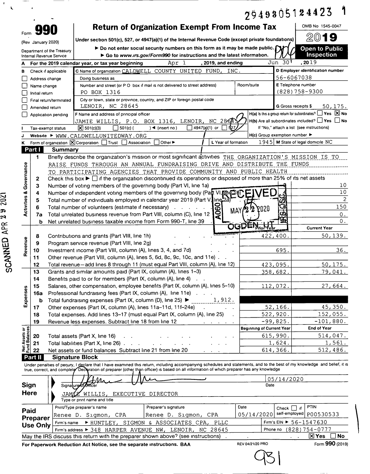 Image of first page of 2018 Form 990 for Caldwell County United Fund