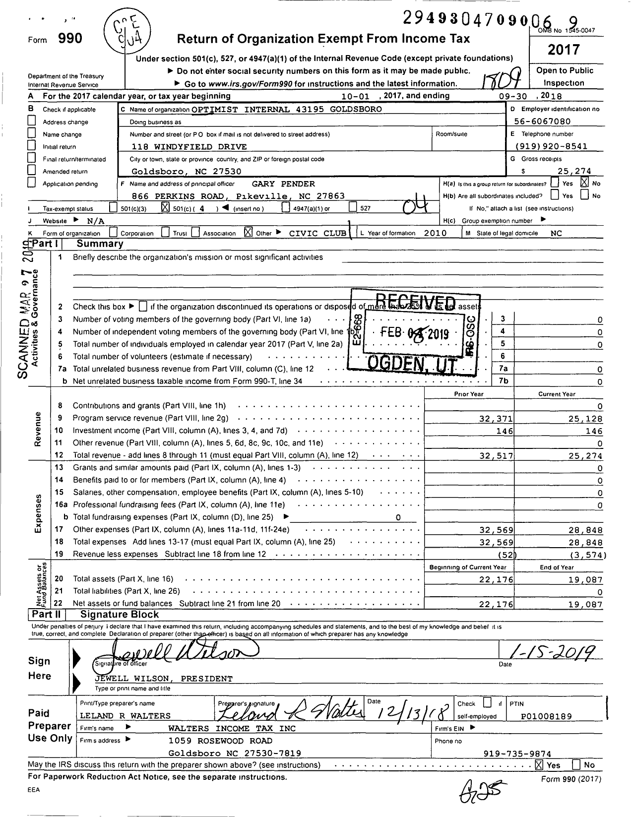 Image of first page of 2017 Form 990O for Optimist International - 43195 Optimist Club of Goldsboro NC