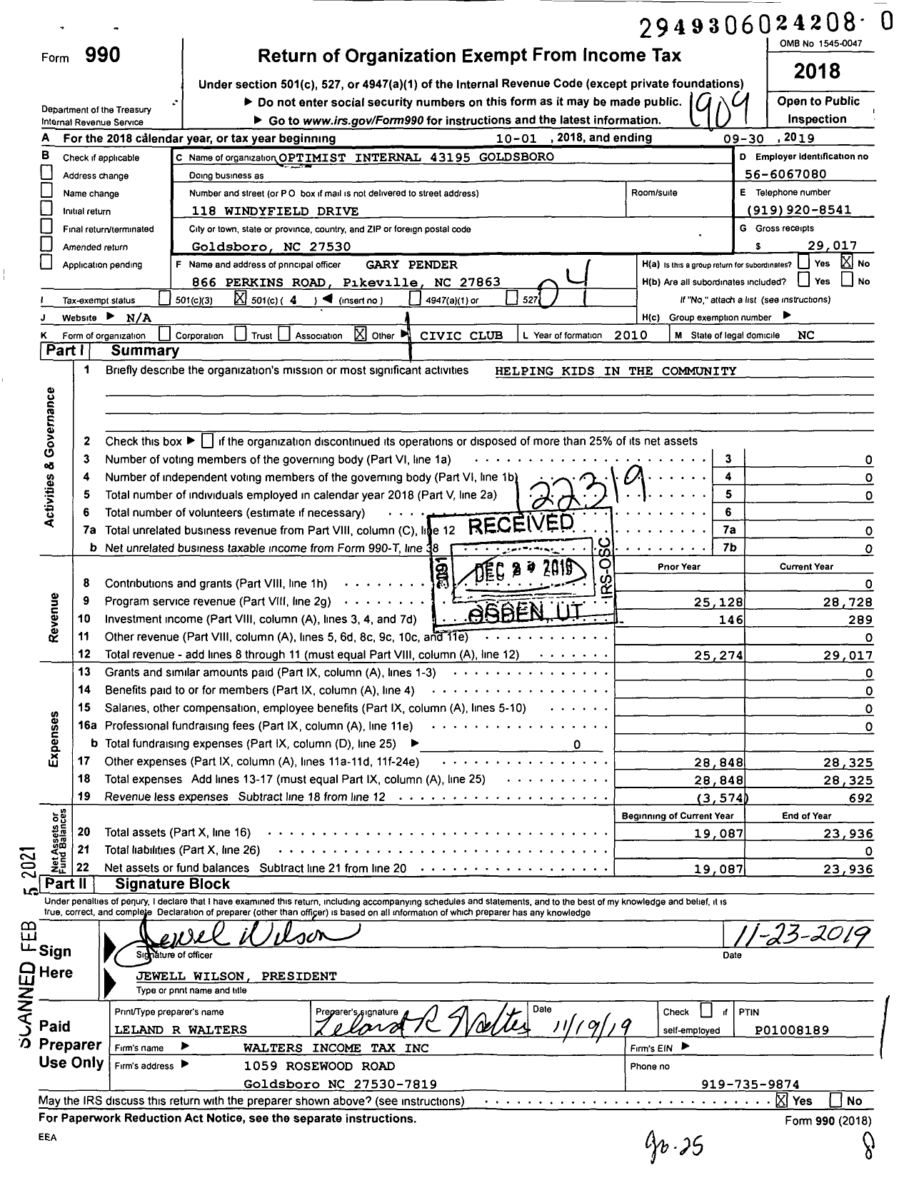 Image of first page of 2018 Form 990O for Optimist International - 43195 Optimist Club of Goldsboro NC