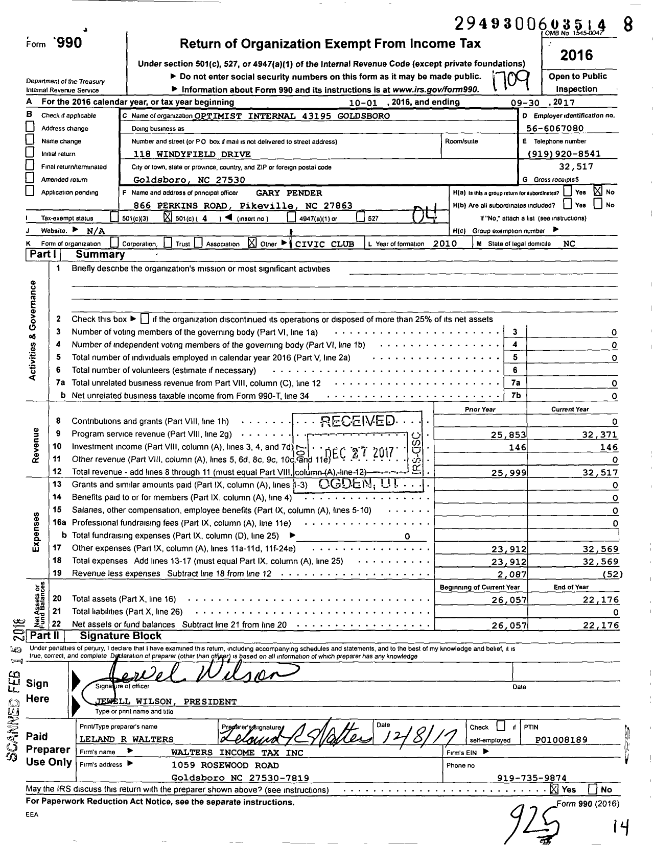 Image of first page of 2016 Form 990O for Optimist International - 43195 Optimist Club of Goldsboro NC