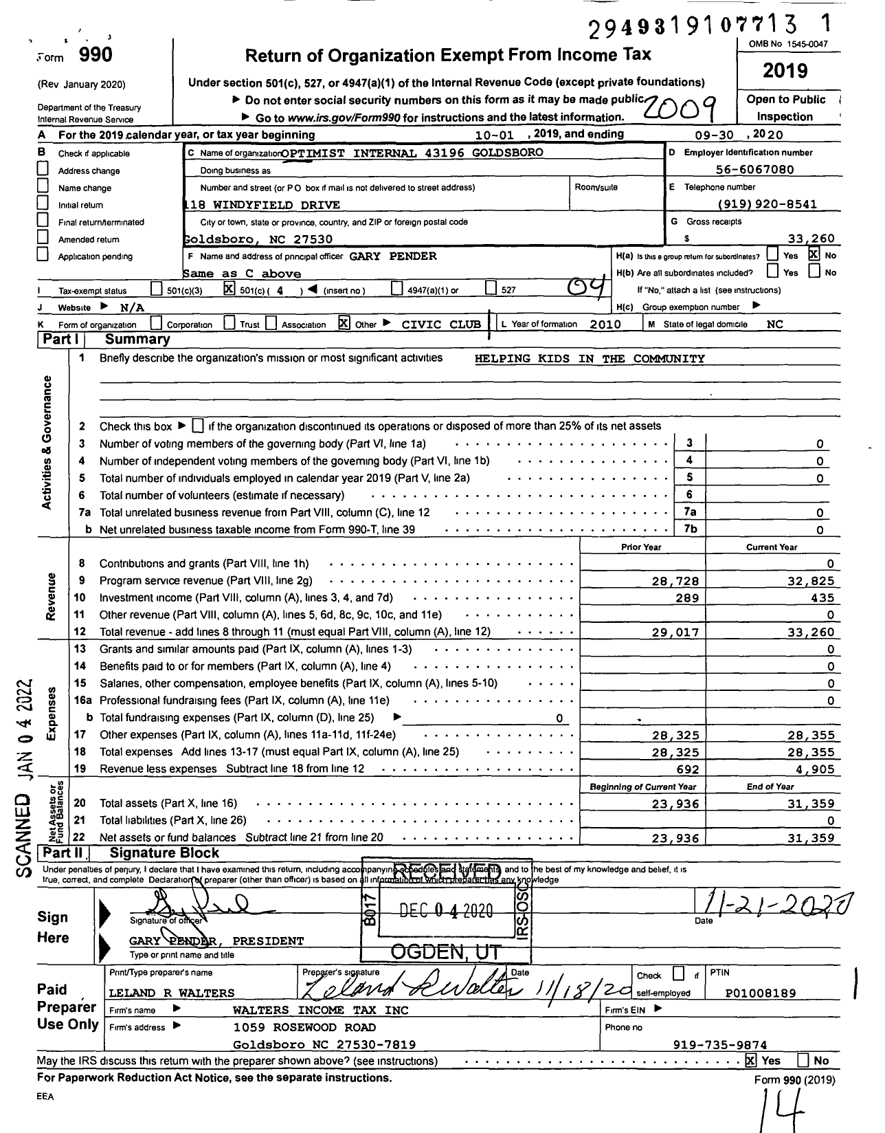 Image of first page of 2019 Form 990O for Optimist International - 43195 Optimist Club of Goldsboro NC