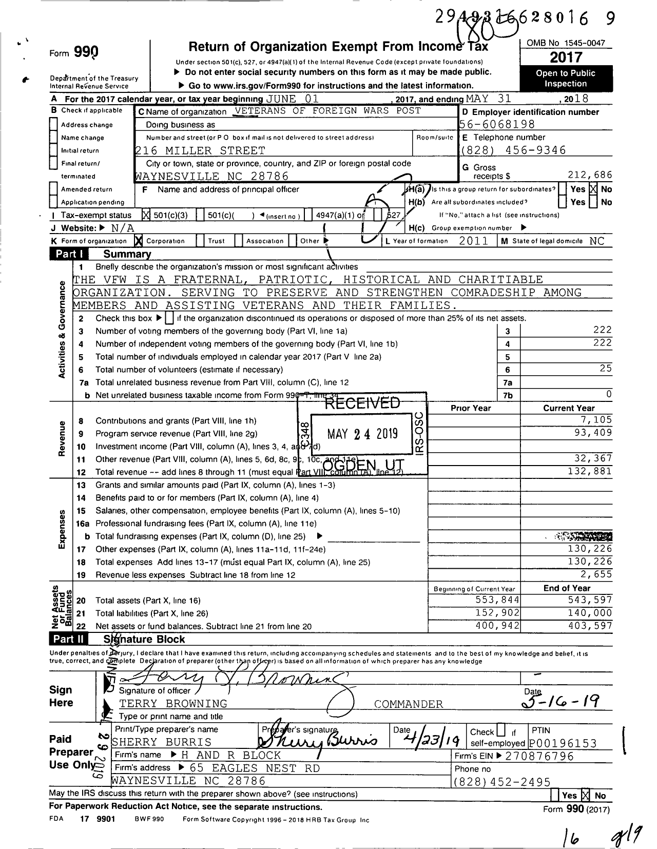 Image of first page of 2017 Form 990 for VFW NC - Post 5202