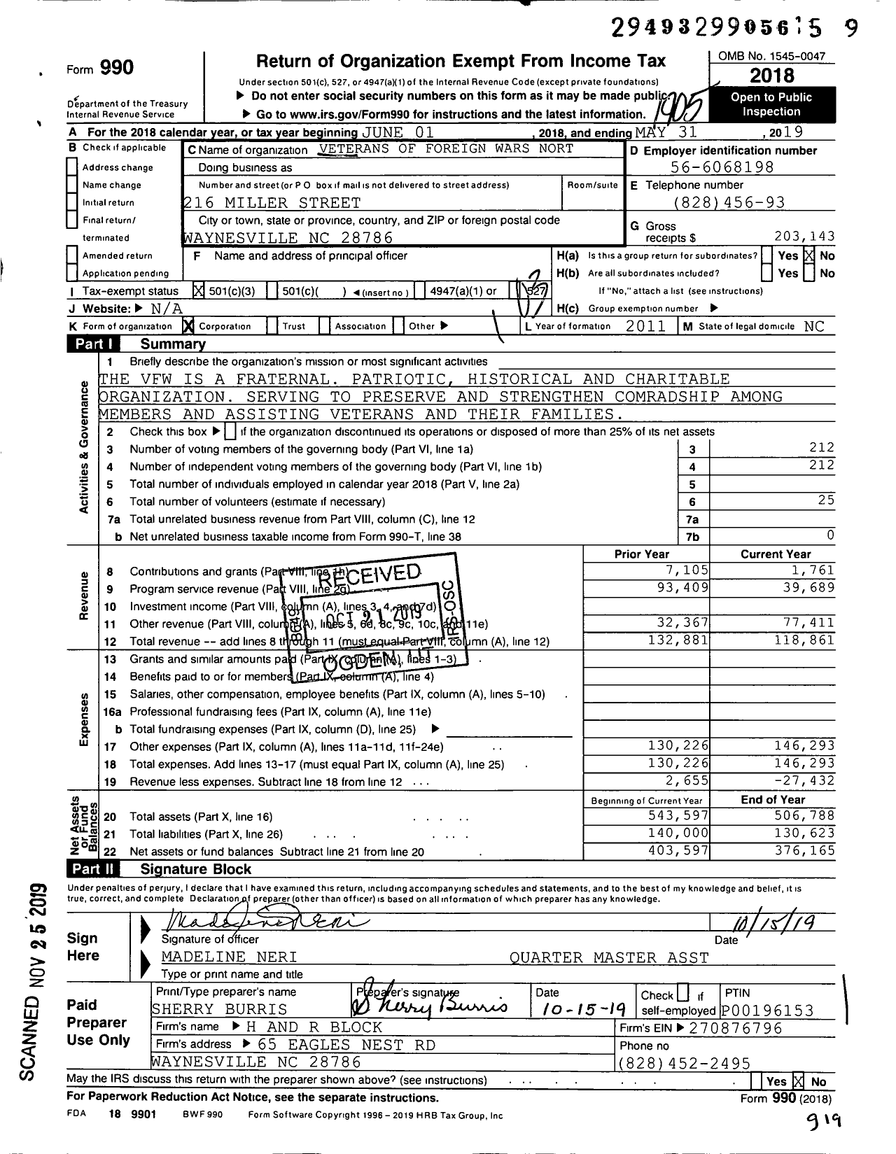 Image of first page of 2018 Form 990 for VFW NC - Post 5202