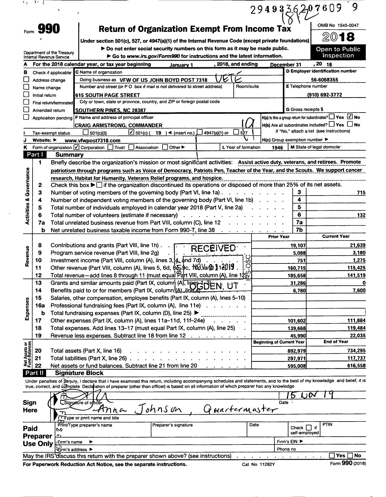 Image of first page of 2018 Form 990O for VFW NC - John Boyd VFW Post 7318