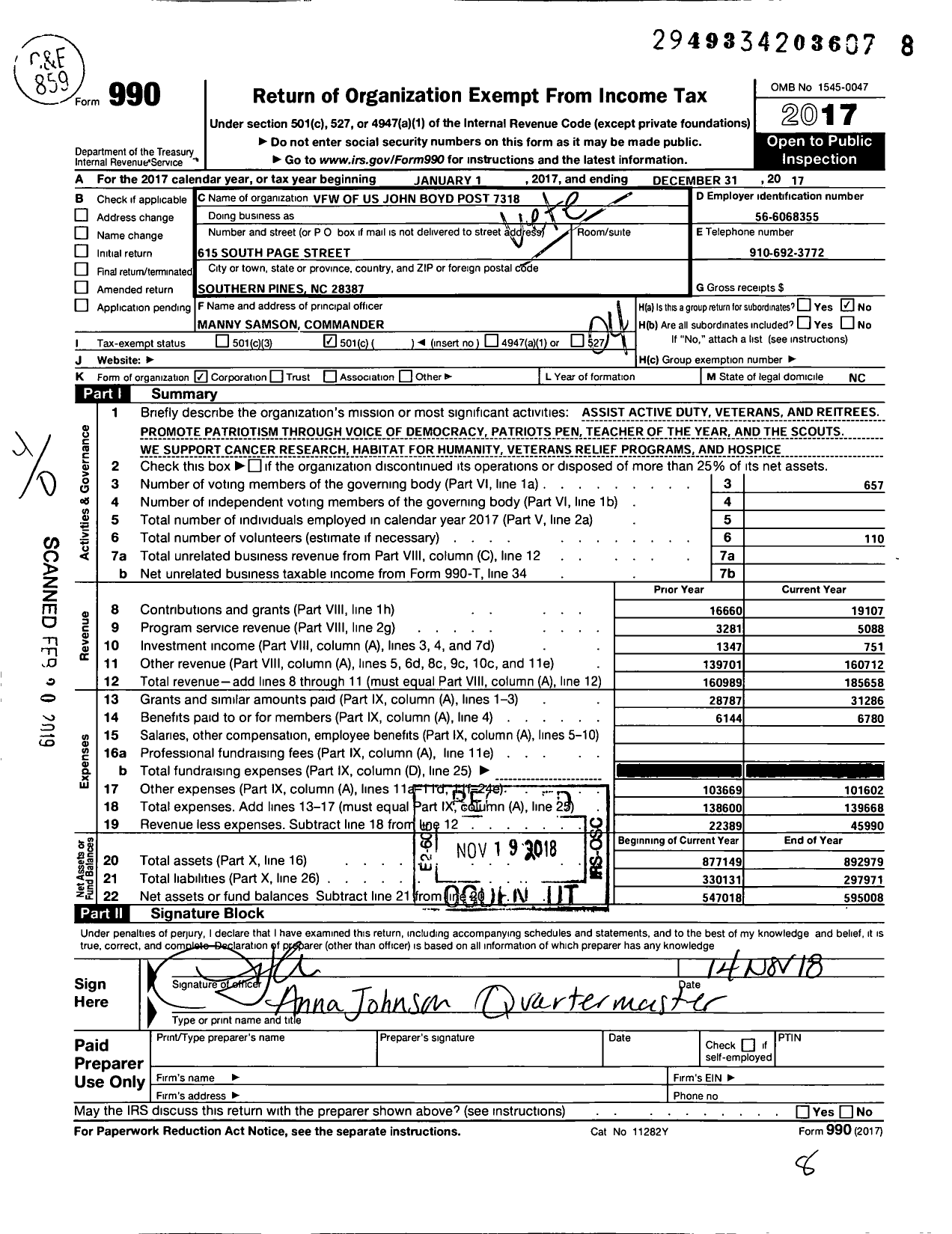 Image of first page of 2017 Form 990O for VFW NC - John Boyd VFW Post 7318